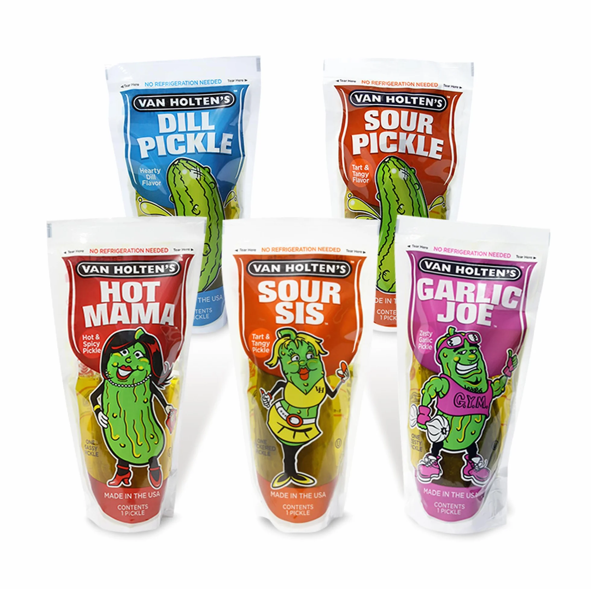 Assortiment de cornichons en sachet Van Holten's | Lot de 6 par Broadway Candy | 1 de chaque saveur | Collection d'échantillons | Sans matières grasses, sans gluten, ne nécessite pas de réfrigération