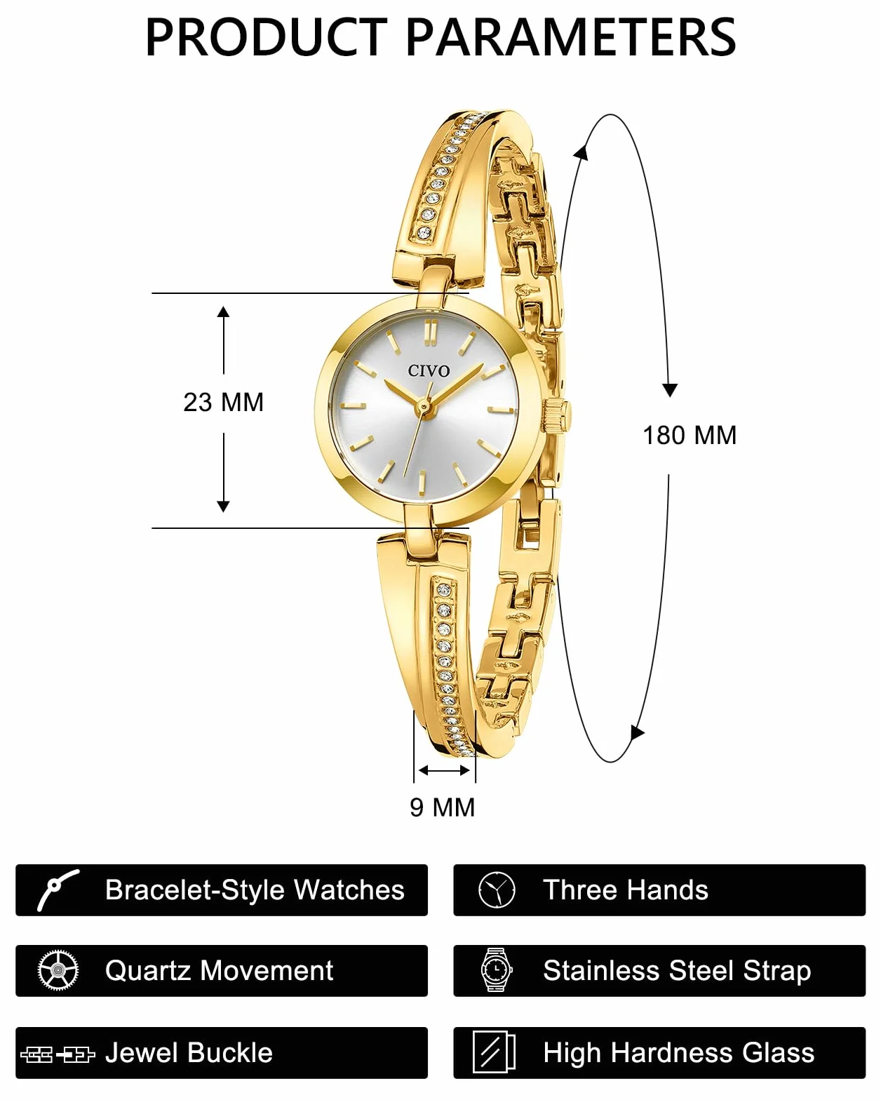 CIVO Montre Femme Acier Inoxydable Analogique Argent Dorée Etanche Cadran Effet Soleil Bracelet Petit Quartz