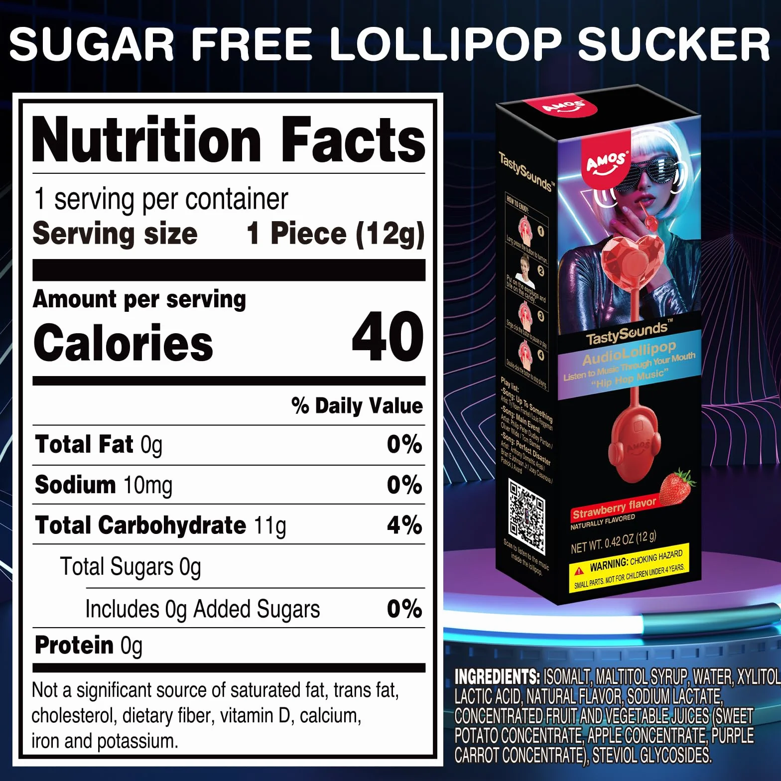 AMOS Musicales Sucette Bonbon Lollipop, 1x Strawberry Fraise Audio Sucettes, Noël Christmas Fête Sucettes Gift, Bonbon Sans Sucre Individuel Emballés Candy Parfait Pour Fête