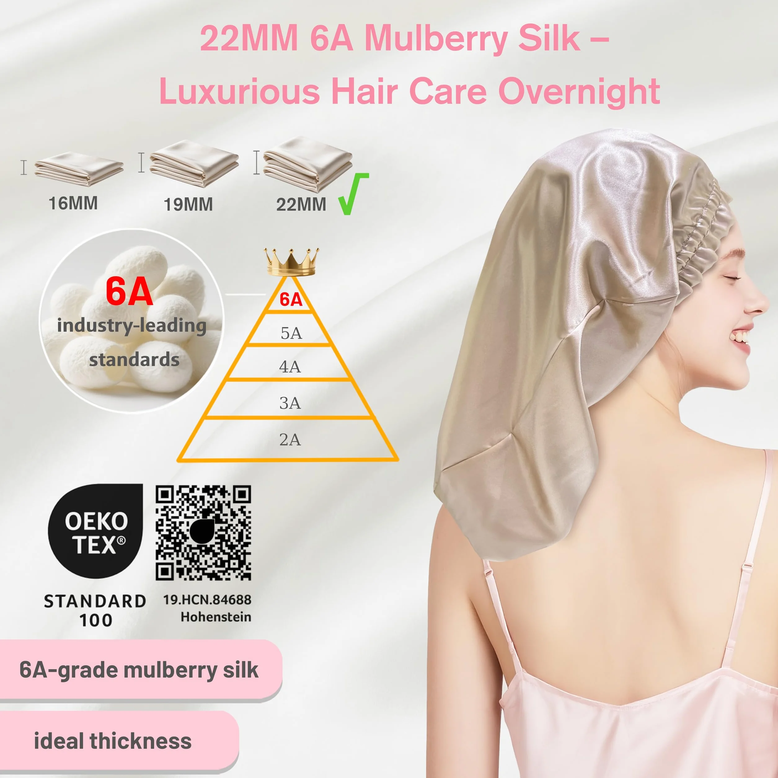Bonnet de nuit en soie 100% mûrier 22 momme pour femme, Taupe 58cm