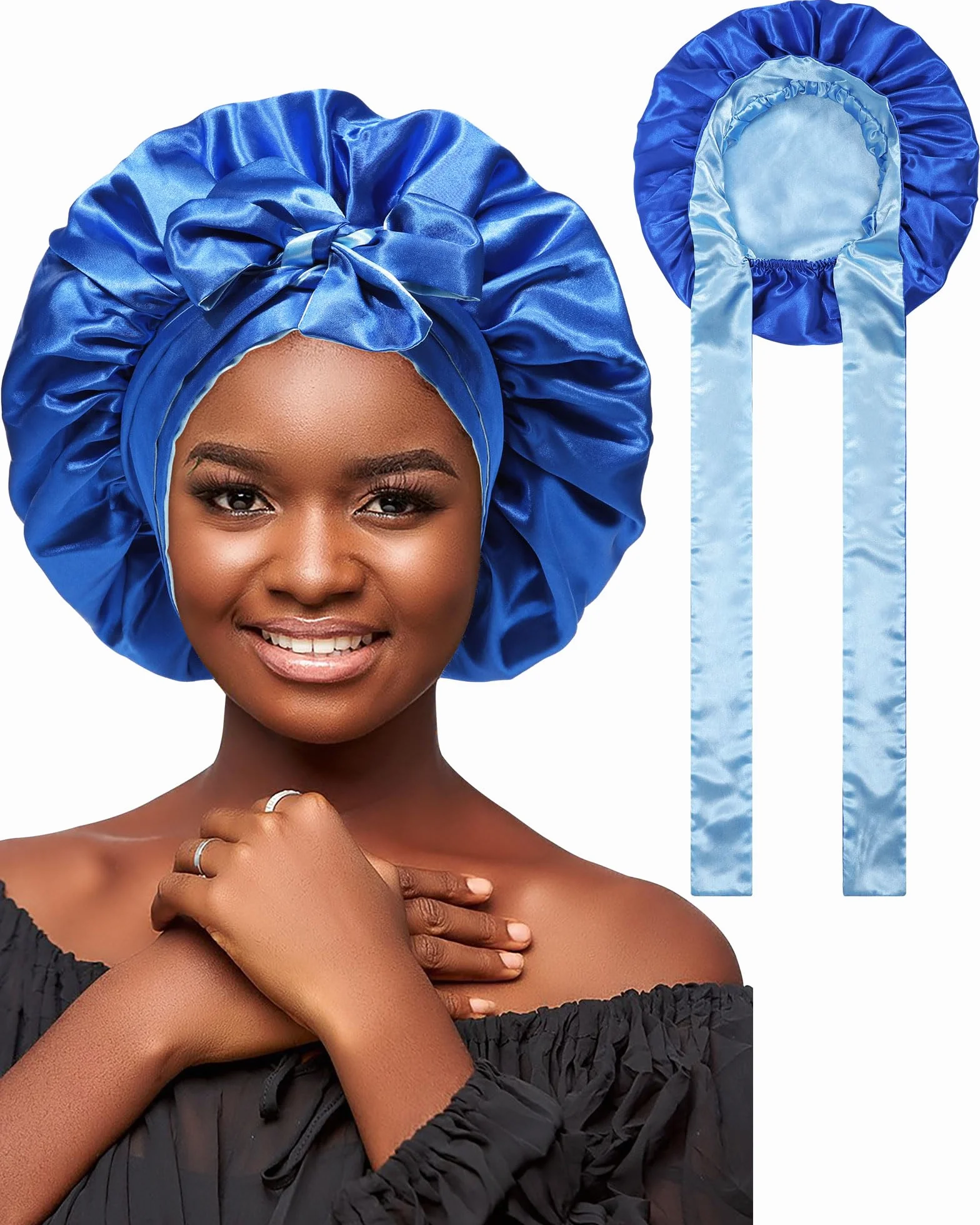 Bonnet en Satin pour Cheveux Bouclés Femmes Noires, Bandeau Réversible avec Nœud