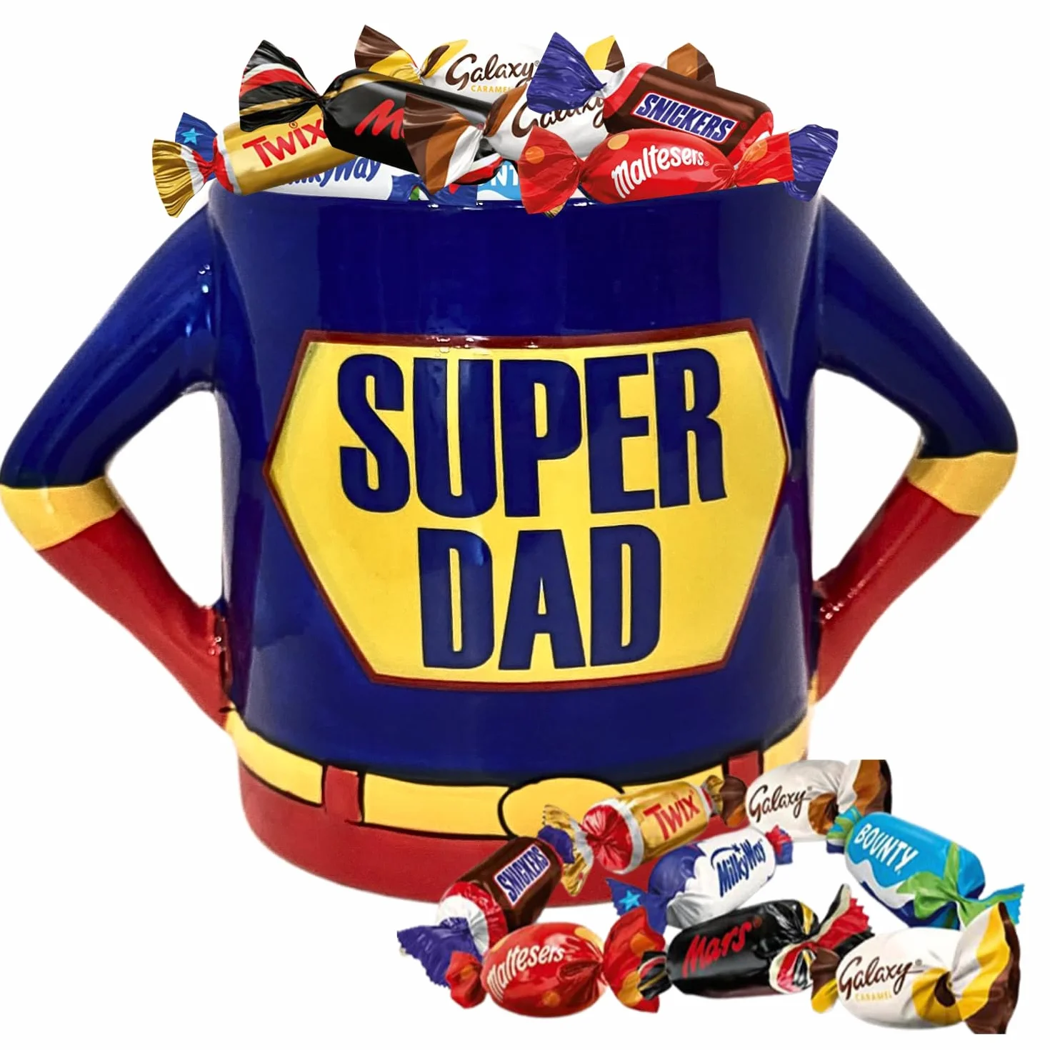 CÉLÉBRATIONS - Méga Tasse Super Dad et 25 Chocolats - Fête des Pères | Méga Tasse "Super DAD" Garnie de 25 Chocolats Célébrations - SNICKERS, TWIX, MARS, MALTESERS, BOUNTY, GALAXY, Milky WAY