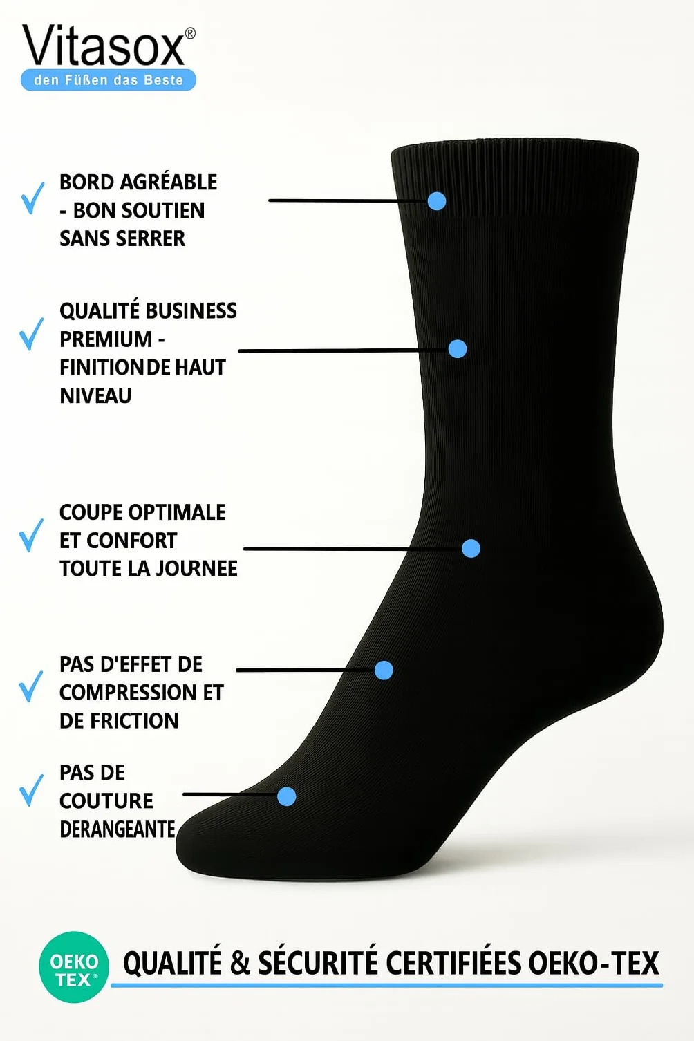Chaussettes business coton homme sans élastique sans couture unies 6 ou 12 paires