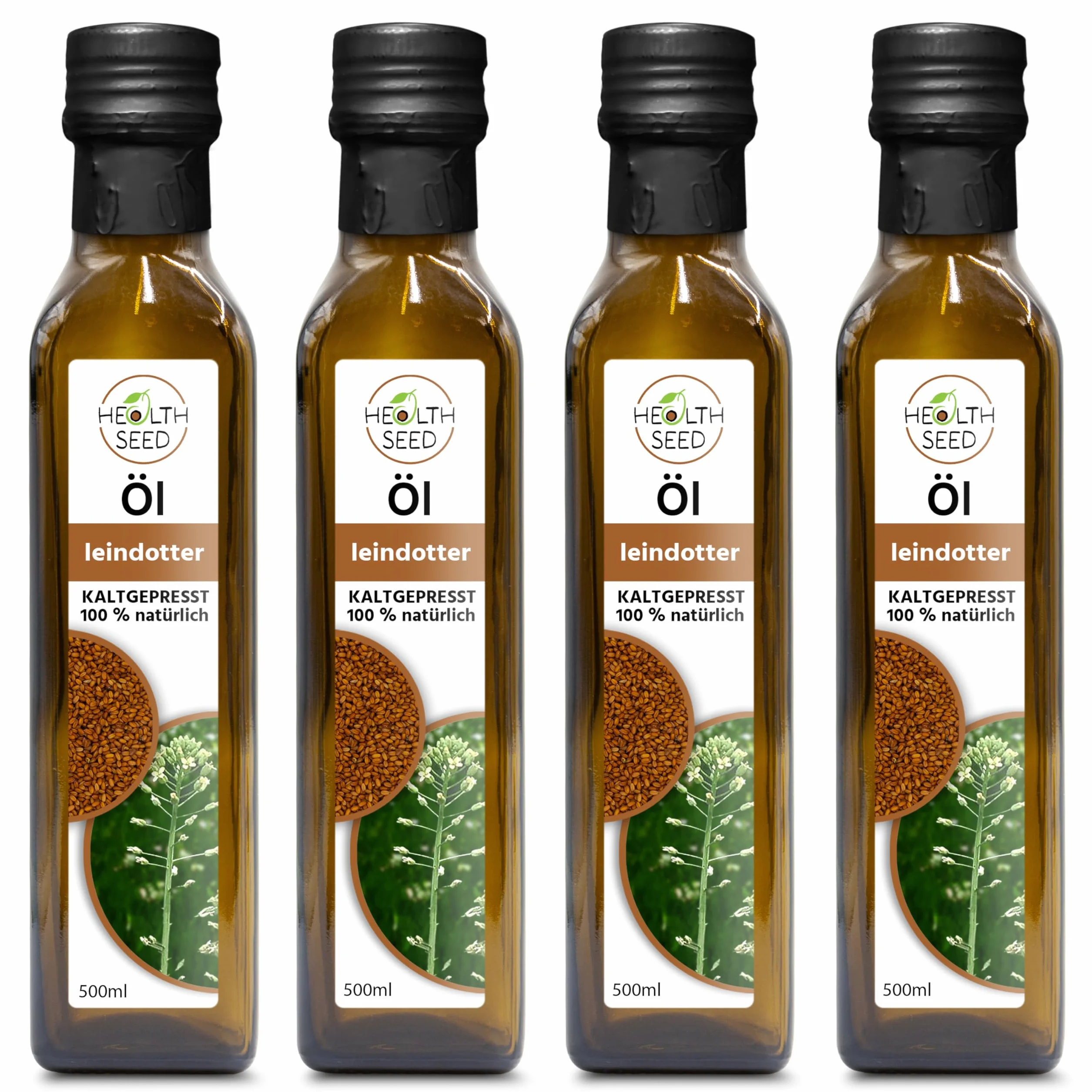 Health Seed® 4 x 500 ml / 2 litres – Huile de caméline non filtrée – Bouteille en verre 100 % pure pressée à froid – Fraîcheur du fabricant