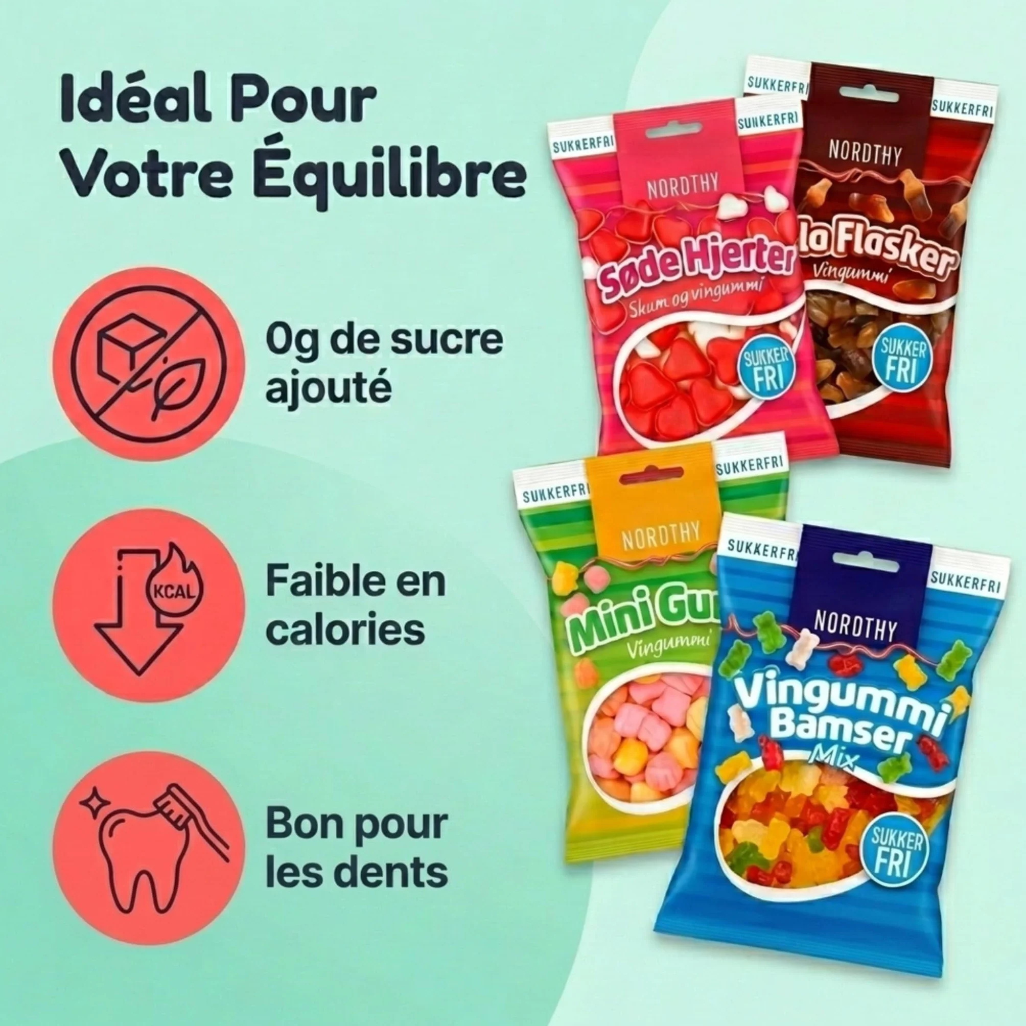 Nordthy Bonbons Gélifiés Sans Sucre 290g – Mélange de Gummies Danois – Oursons, Bouteilles Cola, Cœurs & Mini Gums – Confiserie Faible en Calories