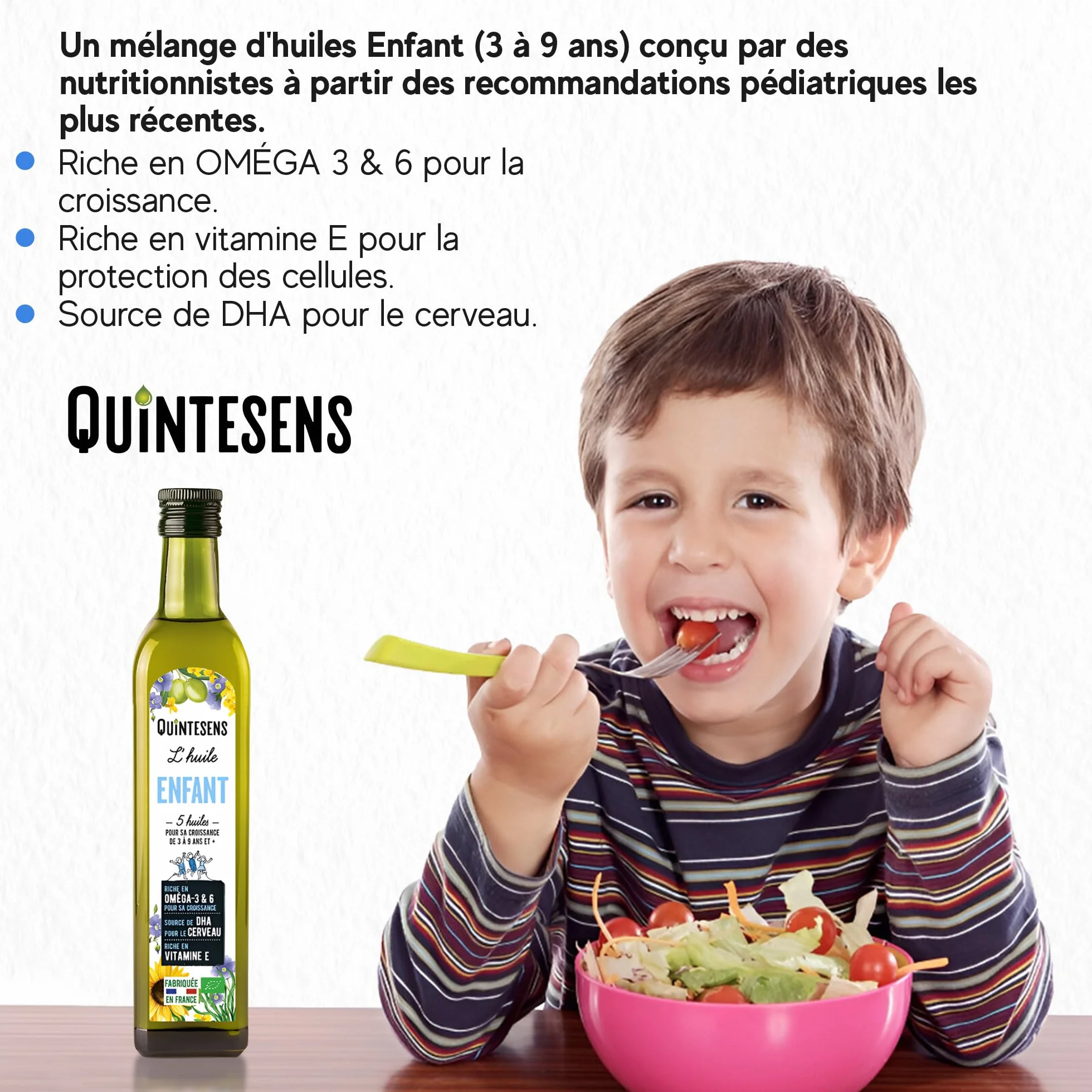 Lot 3 Huiles Enfant QUINTESENS 250ml - Apports en DHA, Oméga 3, 6 & 9 et Vitamine E pour un Développement Solide pour la Vie - Production 100% Française & Biologique