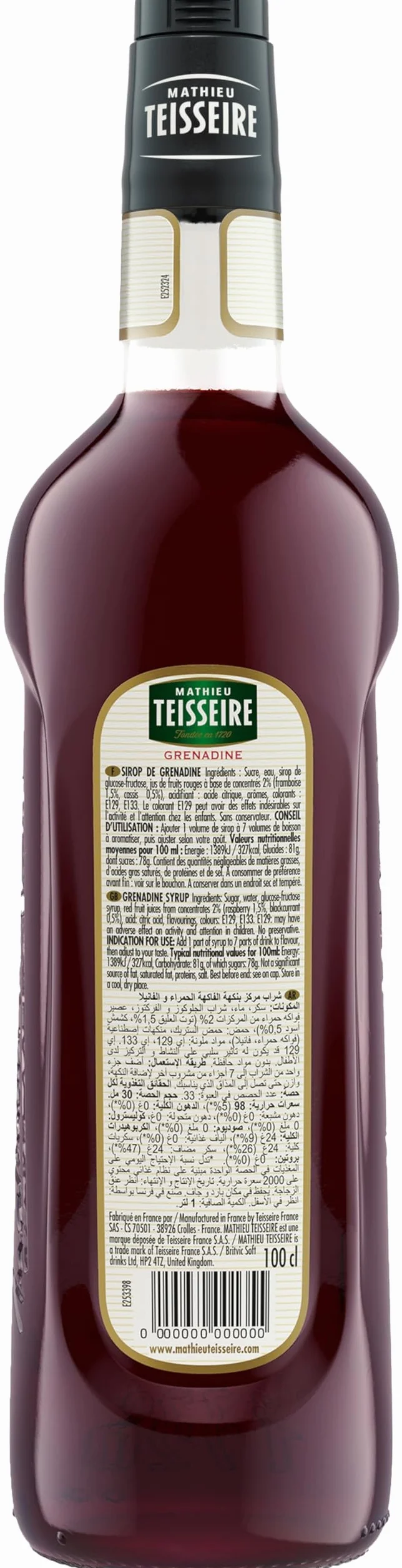 Teisseire Sirop de grenadine de qualité professionnelle 100cl