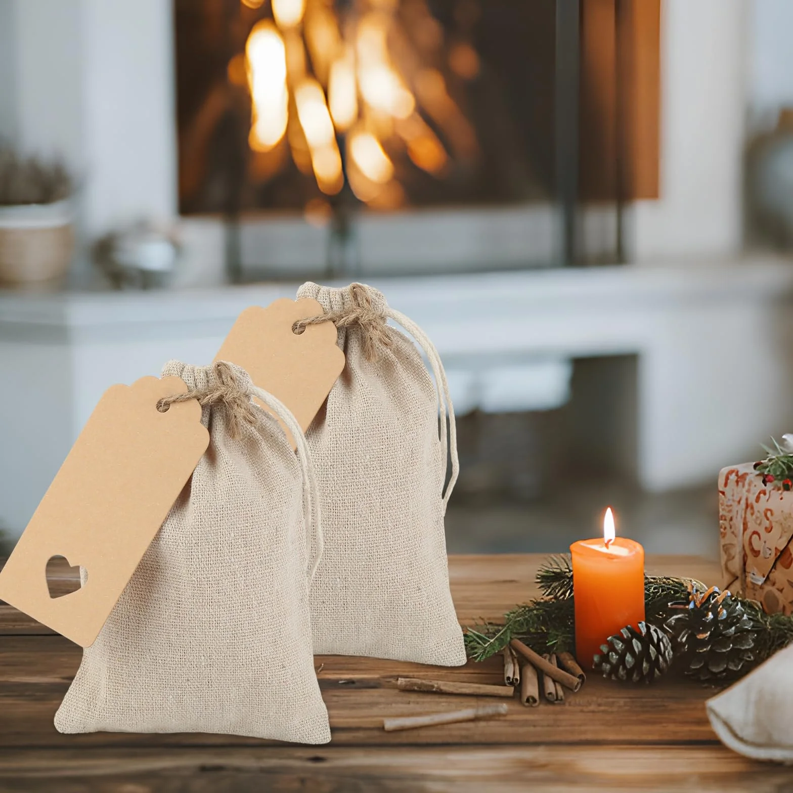 Sachets Tissu Calendrier de l'Avent avec Cordon de Serrage et Étiquette Cadeau - 25 Pièces en Coton Réutilisables