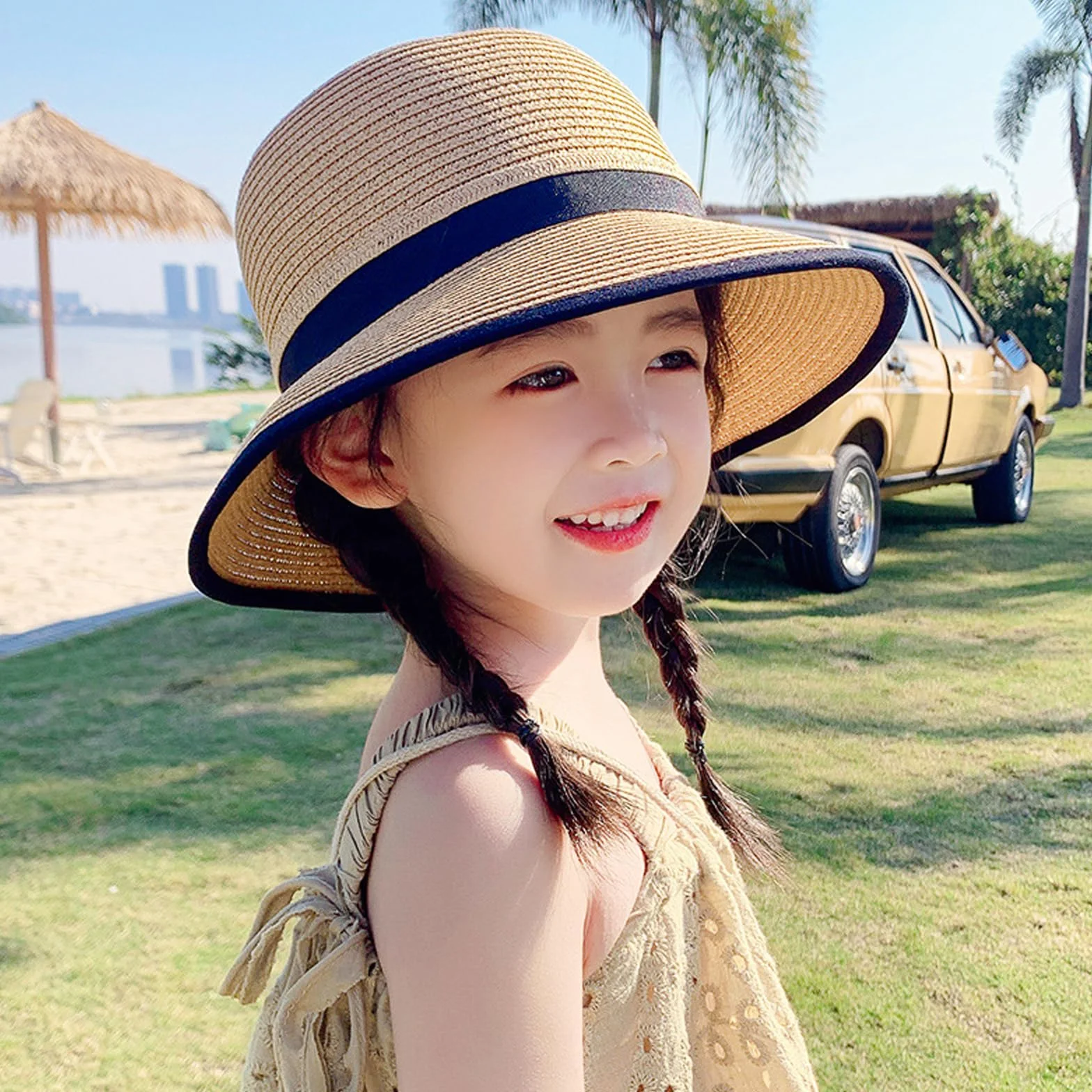 RUIXIA Chapeau de Paille pour Fille Large Bord avec Nœud Papillon Pliable d'été 3-8 Ans