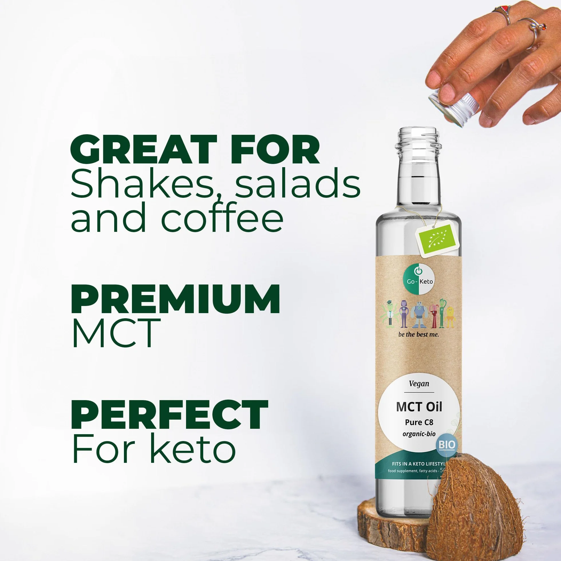 Go-Keto MCT Oil C8 BIO, 500ml - Huile MCT C8 de première qualité à base d'huile de coco BIO, parfaite pour un régime céto, idéal pour le Bulletproof Coffee ou le Keto Shake, huile TCM, Low Carb