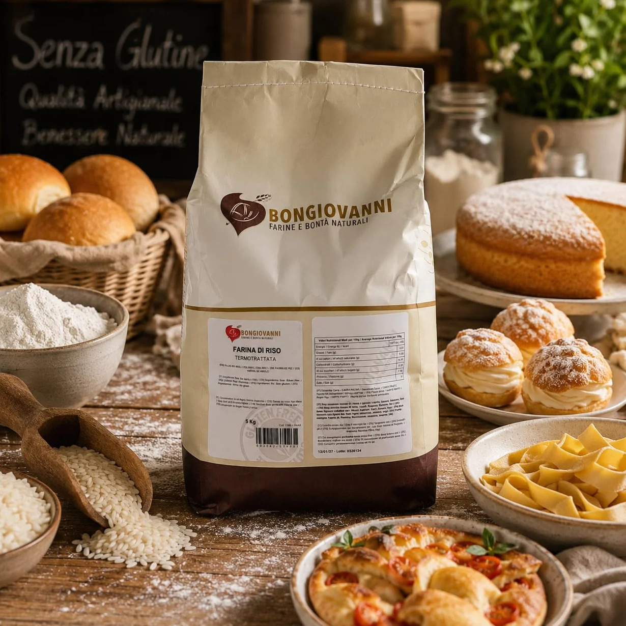 Bongiovanni Bontà Naturali Farine de Riz Traitée Thermiquement Sans Gluten Saveur Naturelle en Poudre 5 kg