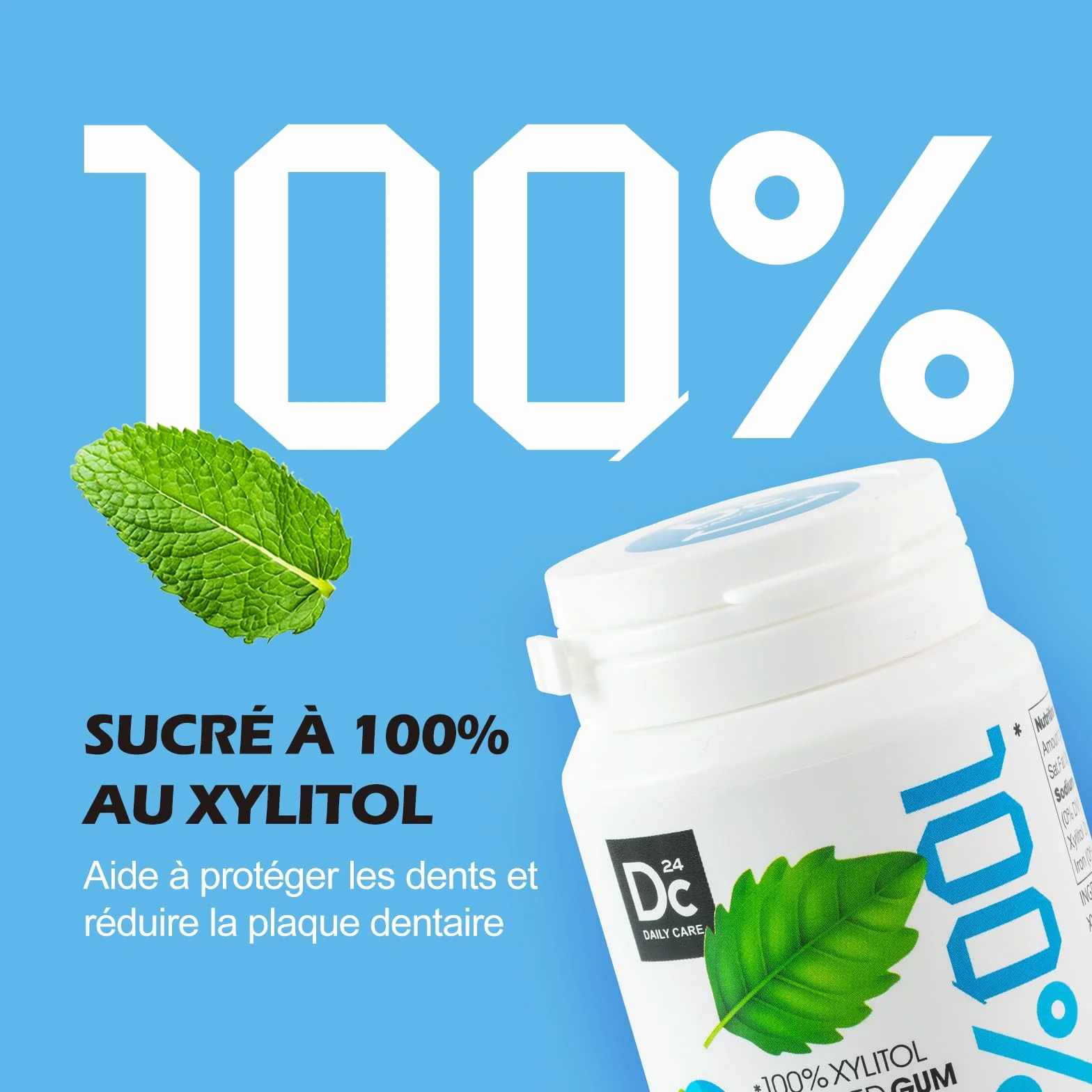 DC24 DAILY CARE 100% Xylitol Gum, sans aspartame, chewing-gum à la menthe poivrée sans sucre, 60 pièces, paquet de 2