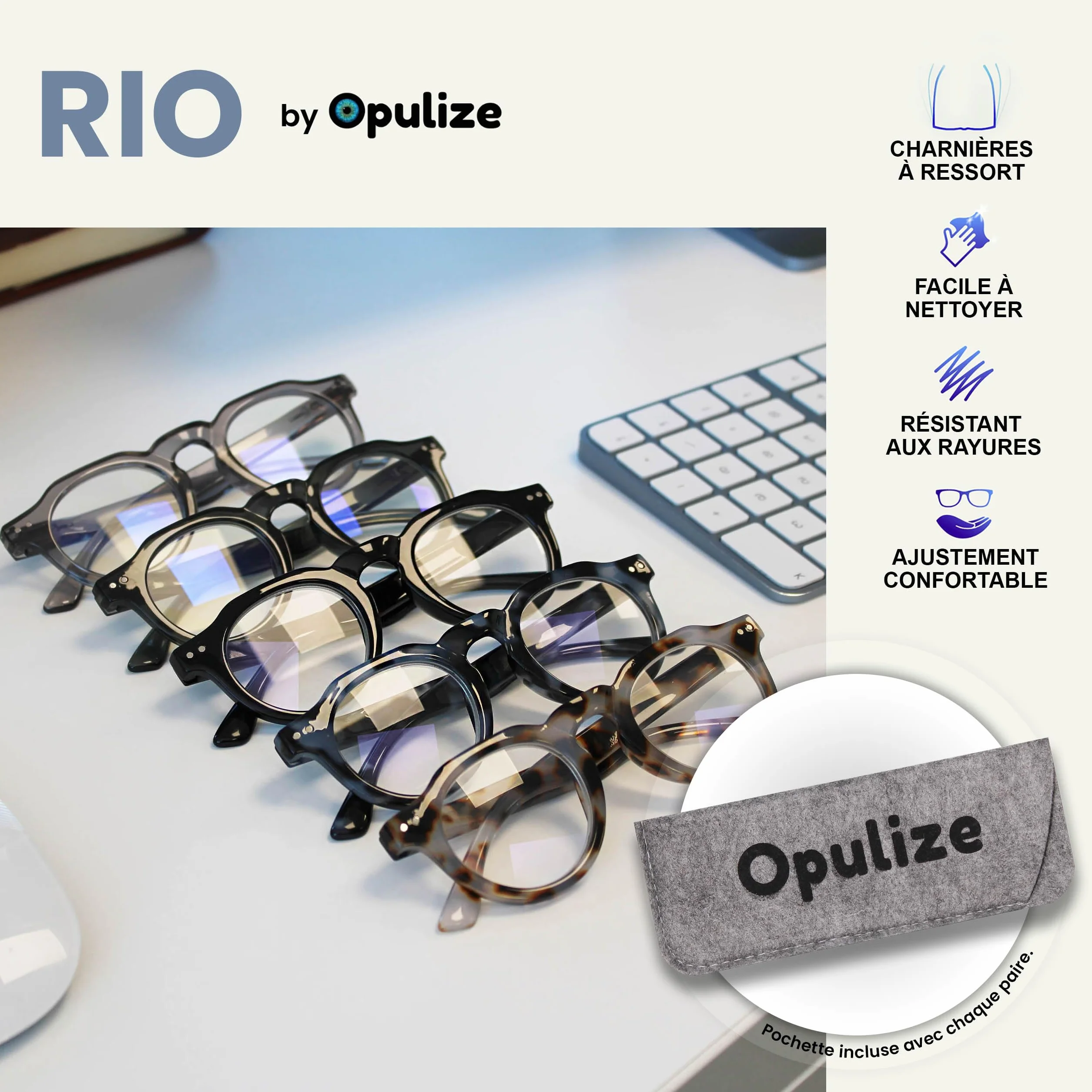 OPULIZE RIO Lunettes de Lecture Anti-Lumière Bleue Gris +2.50