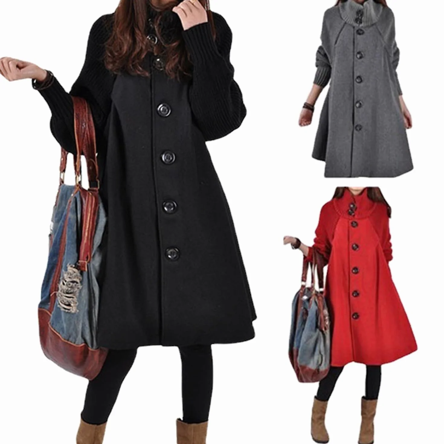 Manteau Femme Cape Manches Longues Poncho Swing A-Line Maternité Single-Breasted Veste Coton Automne Hiver Pull-Over