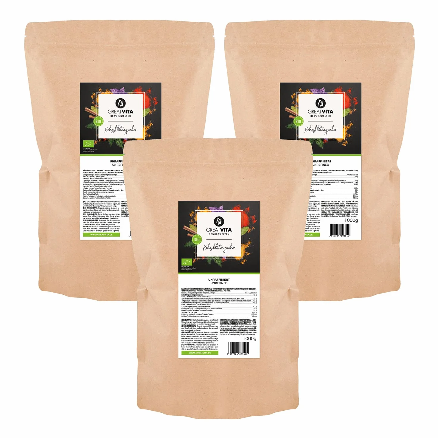 Mea Vita Sucre de fleur de coco biologique, non raffiné, paquet de 3 (3x 1000g) dans un sac
