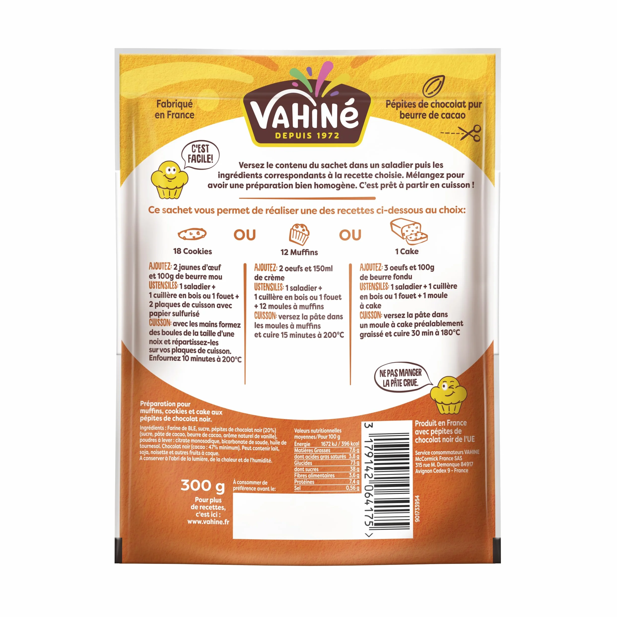 VAHINÉ - Préparation 3 en 1 aux pépites de chocolat, Préparation pour muffins, cookies et cake aux pépites de chocolat noir 300 g