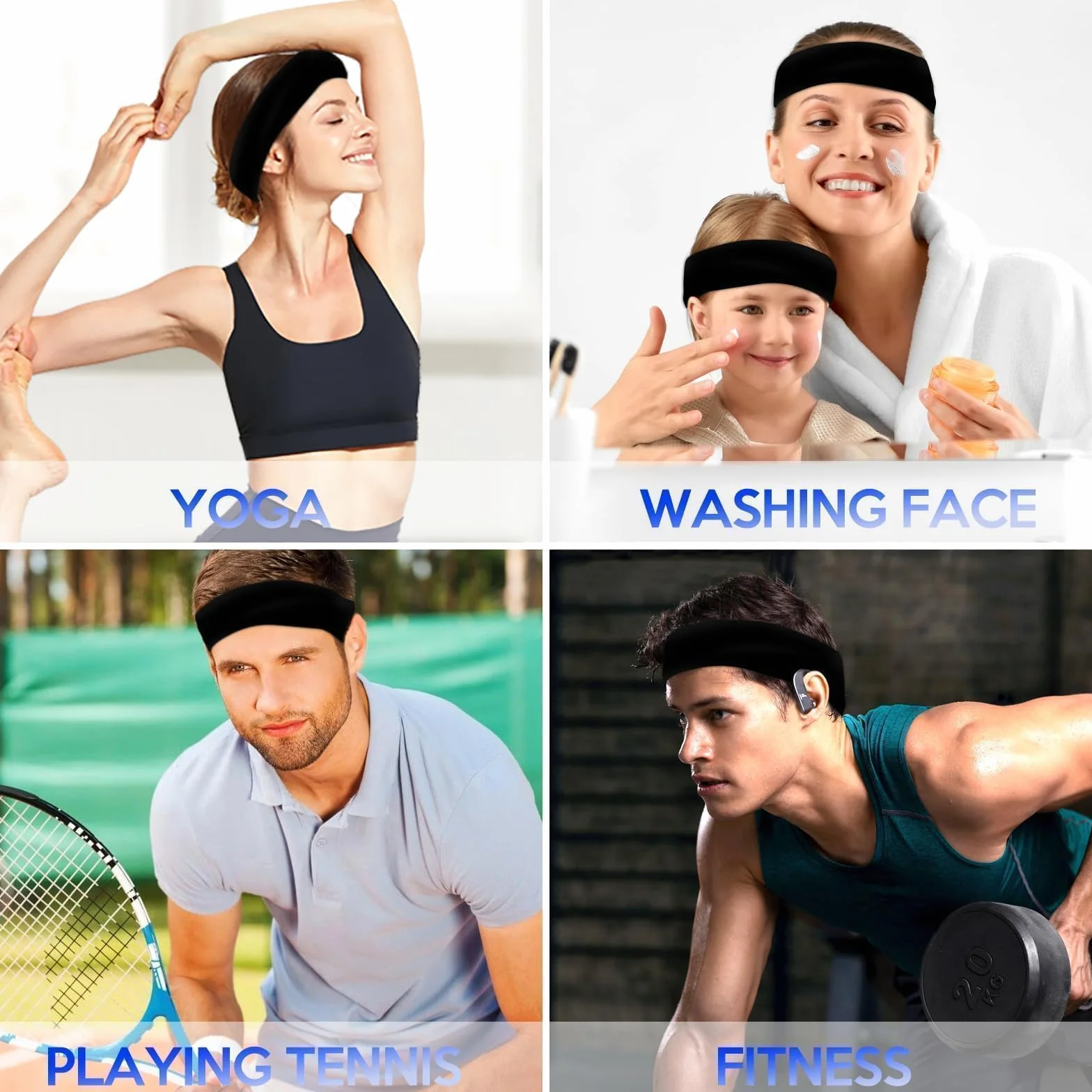 Bandeau Cheveux Antidérapant 3 Pièces Élastique Sport Yoga Running Fitness Cyclisme Noir Classique