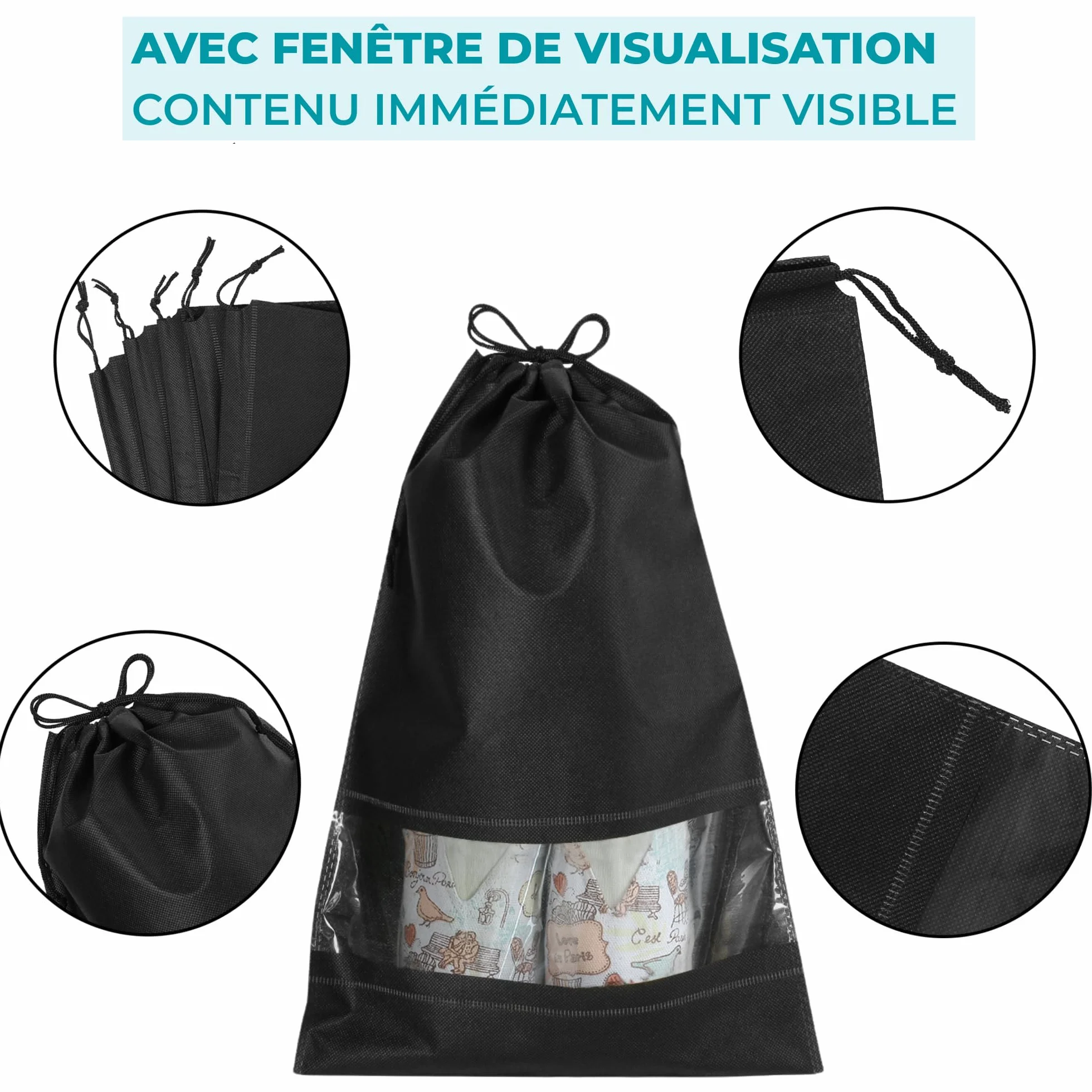 Sacs à Chaussures de Voyage Étanches, Grand Organisateur de Rangement avec Cordon de Serrage et Fente Transparente, 10 Pièces, Noir