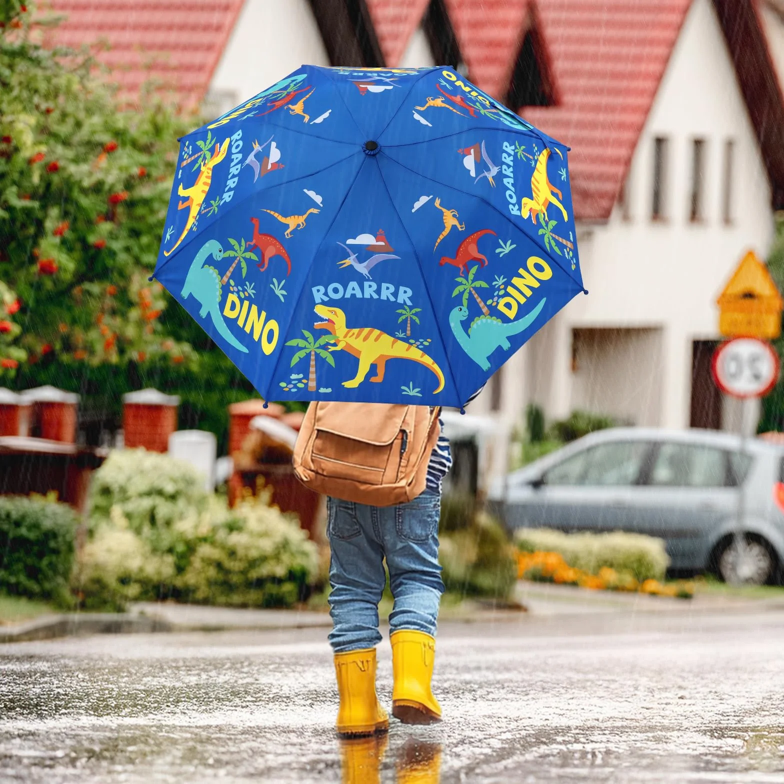 Parapluie Enfant avec Housse Coupe-vent Durable Pliant Canne Motif Mignon Dinosaures