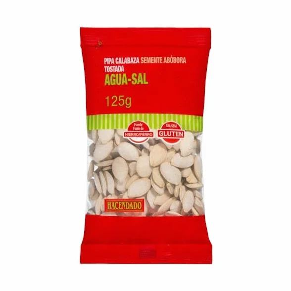 Hacendado Graines de Courge Grillées au Sel, Sans Conservateurs, Cultivées Sans Pesticides, 125g, Lot de 6