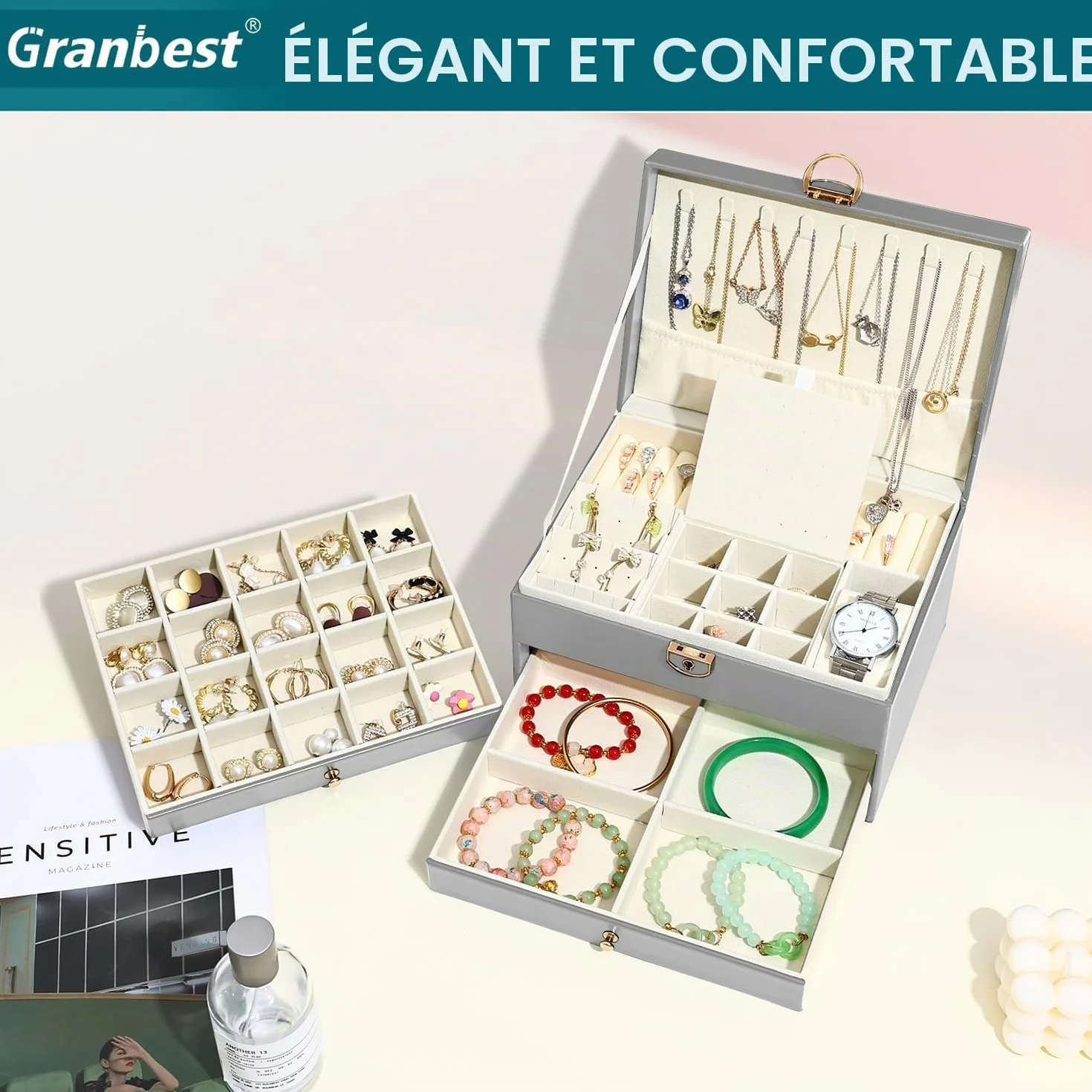 Granbest Coffret à bijoux en cuir 3 niveaux 2 tiroirs Gris