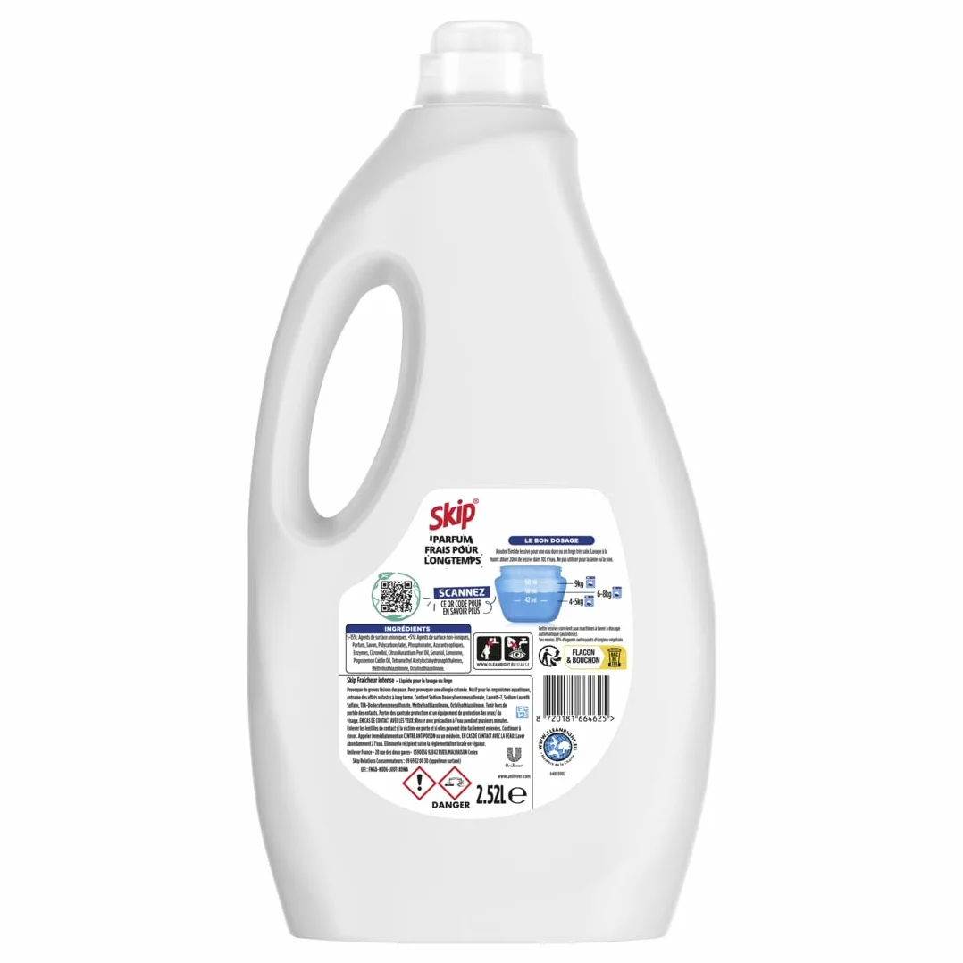 Skip - Lessive Liquide Fraicheur Intense - Action Détachante Efficace - 100% impeccable, éclatant et délicatement parfumé - 2x60 Lavages