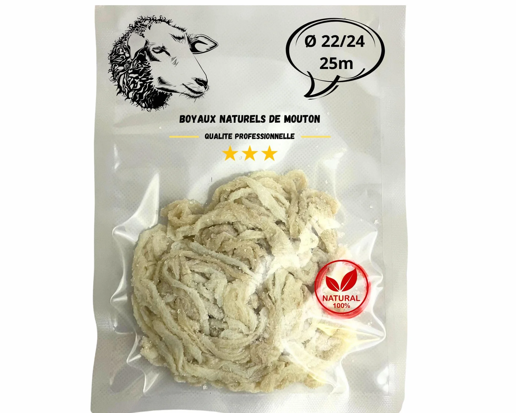 BOYAUX NATUREL DE MOUTON CALIBRE 22/24 25M POUR SAUCISSE,MERGUEZ, CHARCUTERIE MAISON,