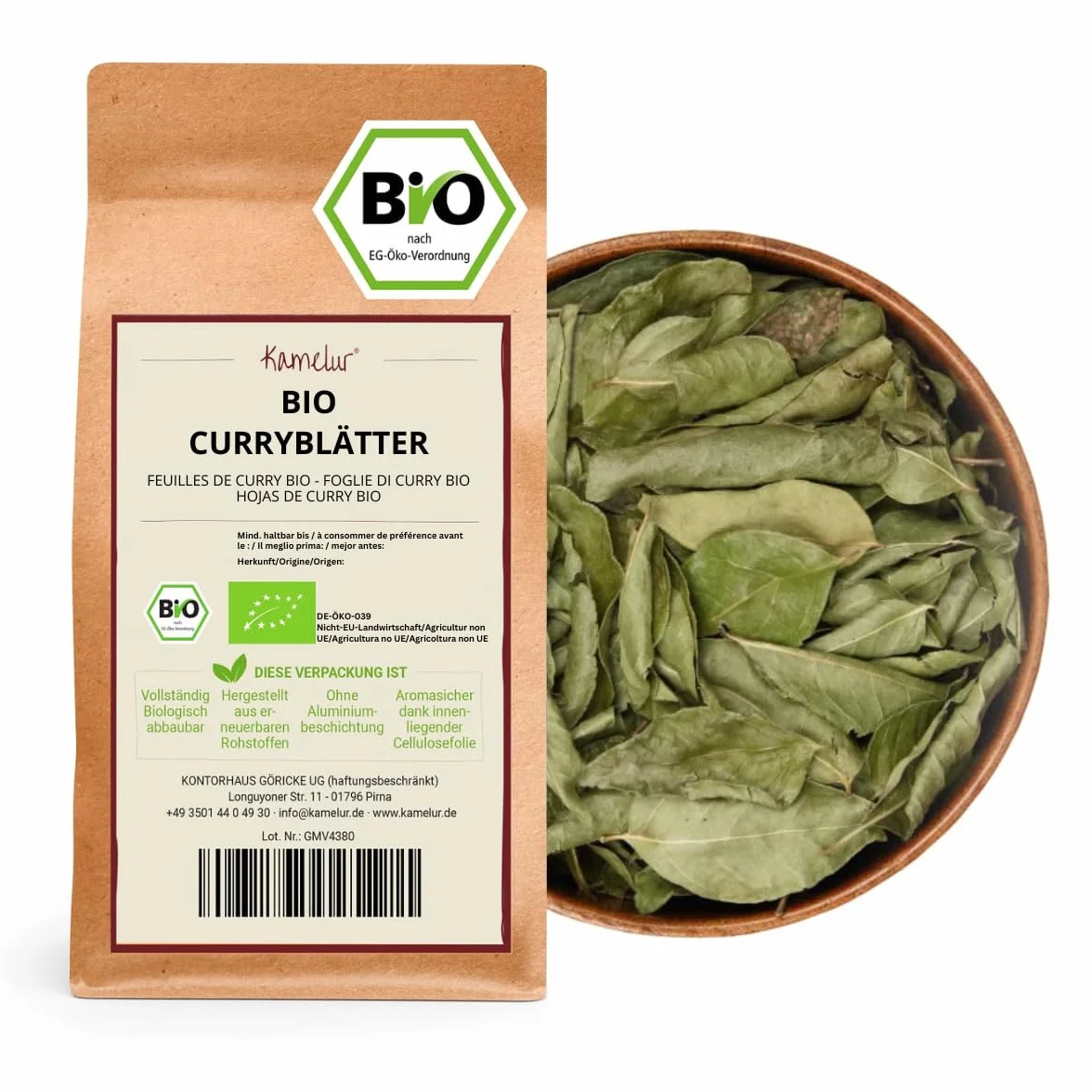 Kamelur BIO feuilles de curry séchées & entières - feuilles de curry BIO issues de la cueillette sauvage, curry leaves sans additifs - feuilles de curry BIO dans un emballage biodégradable - 250g