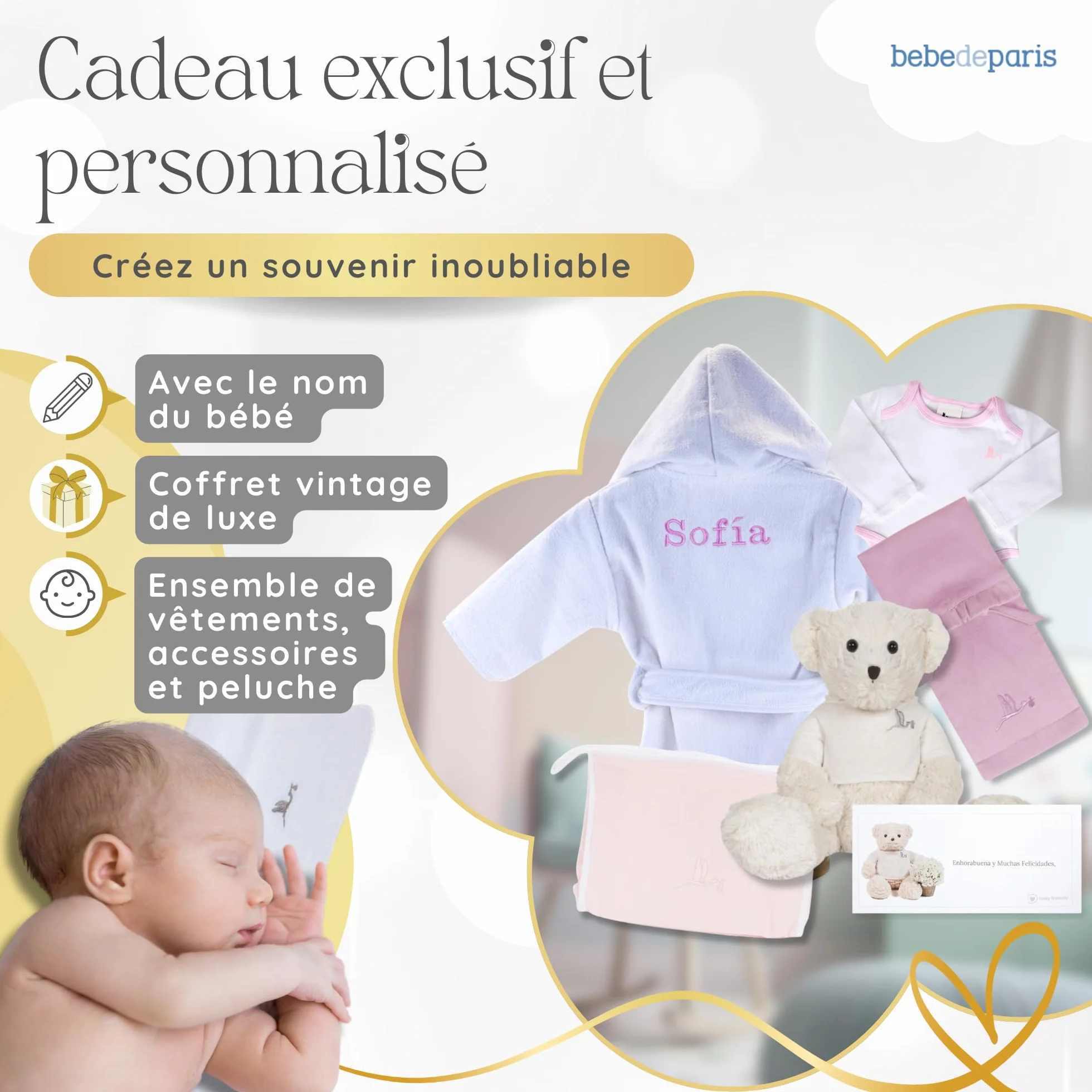 Canastilla Peignoir brodé nouveau-né 6-18 mois Body Trousse toilette mousseline ours peluche