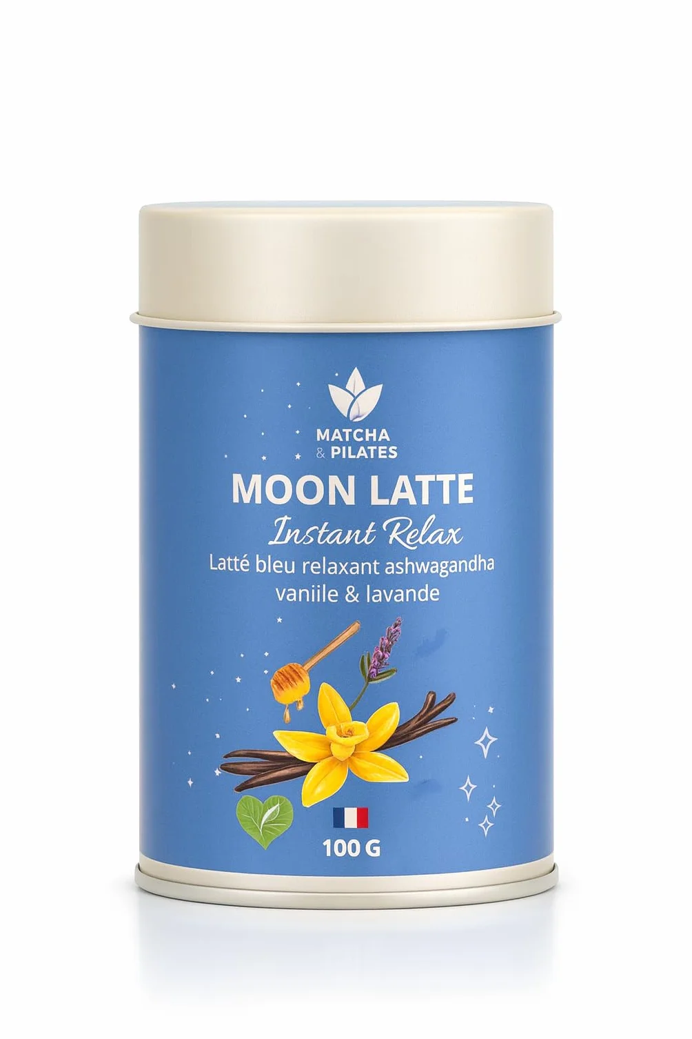 Matcha & Pilates Moon Latte Relax – Latte Bleu à l’Ashwagandha – Vanille & Lavande – Boisson Bien-Être Sans Caféine – 100 g