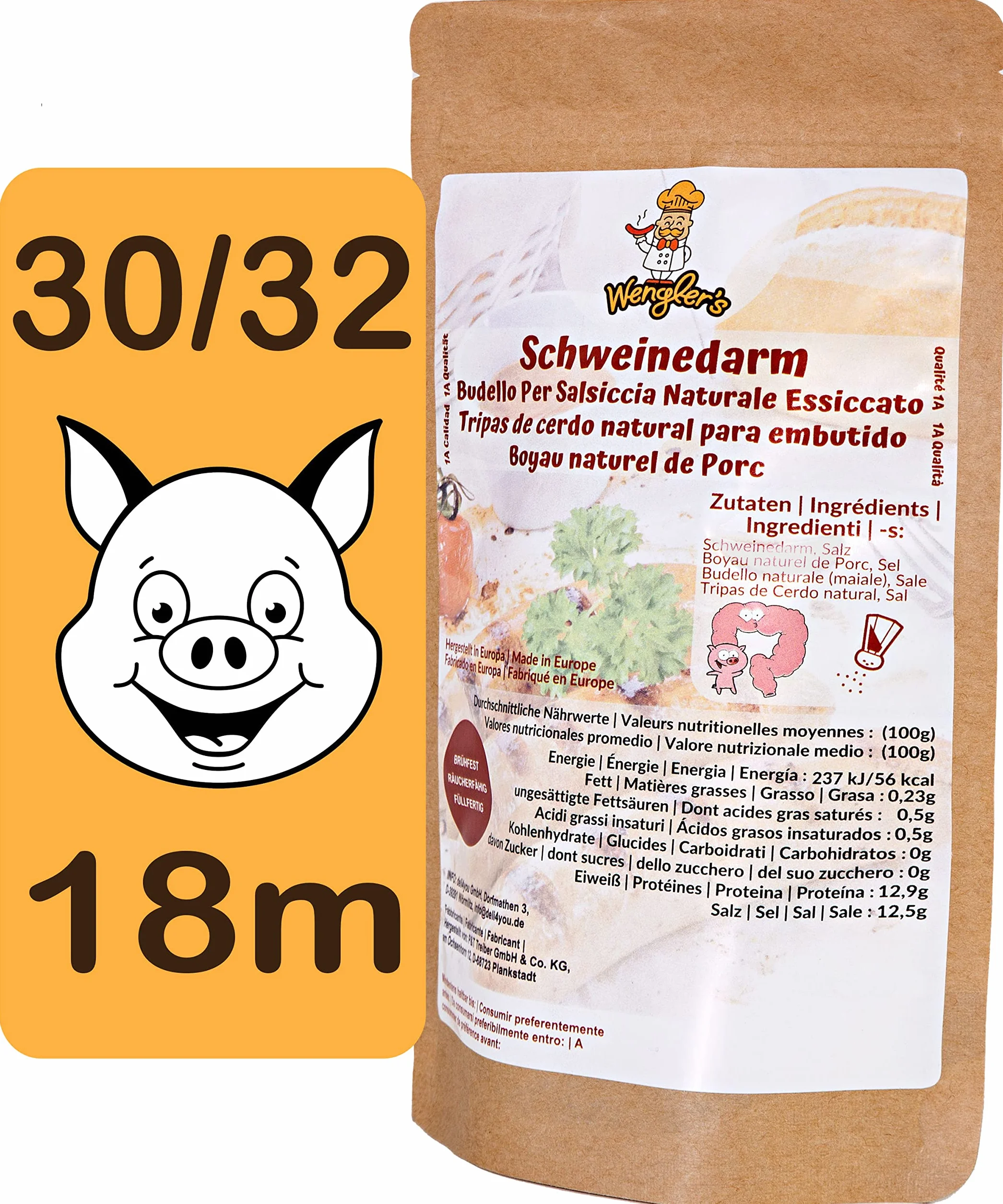 Boyau de Porc Naturel 30/32 - Comparable à celui des charcuteries - Résistant à la cuisson - Convient pour le fumage et le barbecue (30/32 18m)