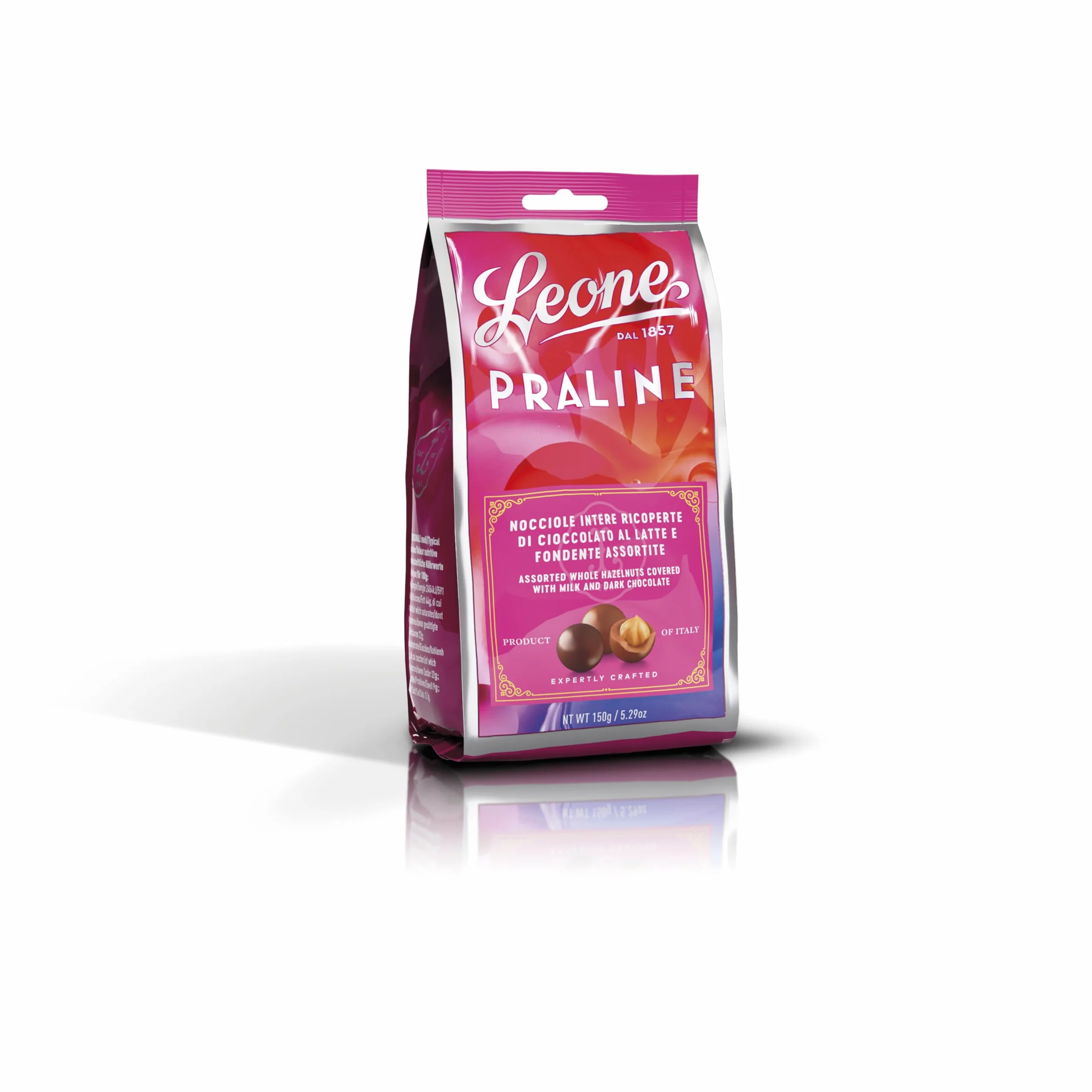 Leone depuis 1857 - Pralines Noisette Enrobée de Chocolat Noir et au Lait - Sachet de Chocolats Leone - Chocolats avec Noisette Sans Gluten - 150 gr
