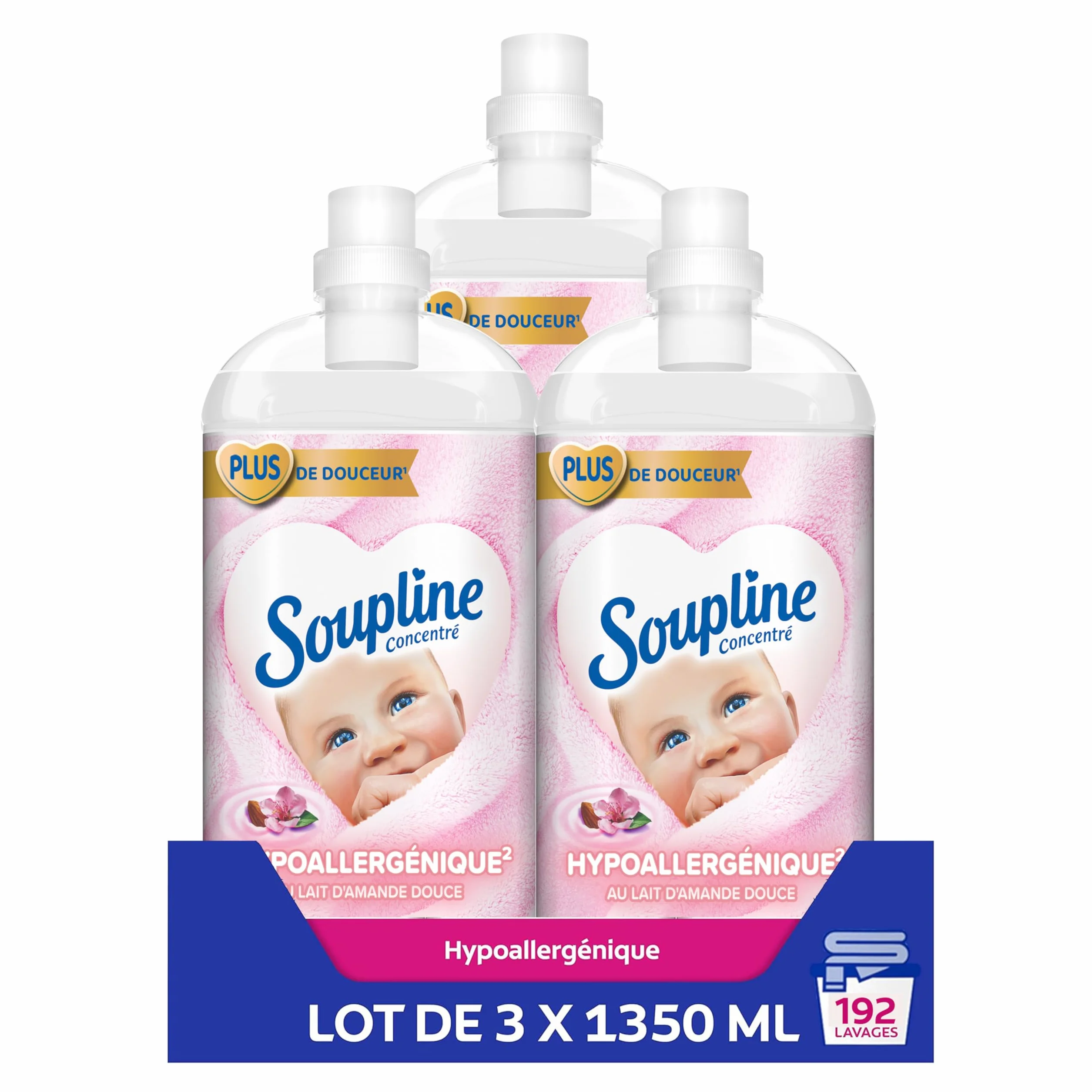 SOUPLINE Adoucissant Linge Hypoallergénique Concentré Senteur Amande Douce, Assouplissant Linge Formule Améliorée pour Plus de Douceur*, Assouplissant Textile Liquide, Soupline Lot de 3x1,35L