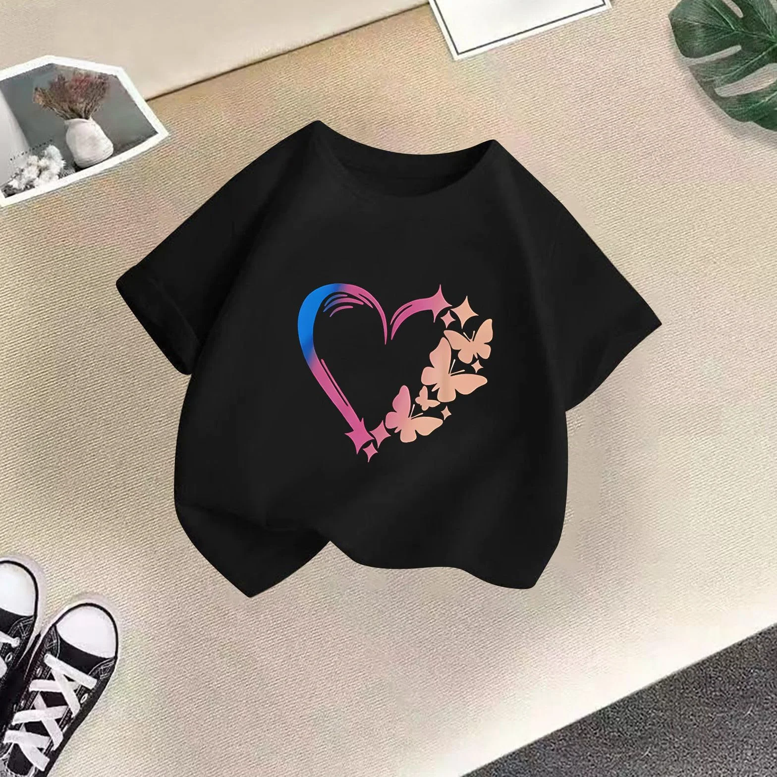 Tee Shirt Fille Manche Courte été col Rond 3-12 Ans Fluide Love