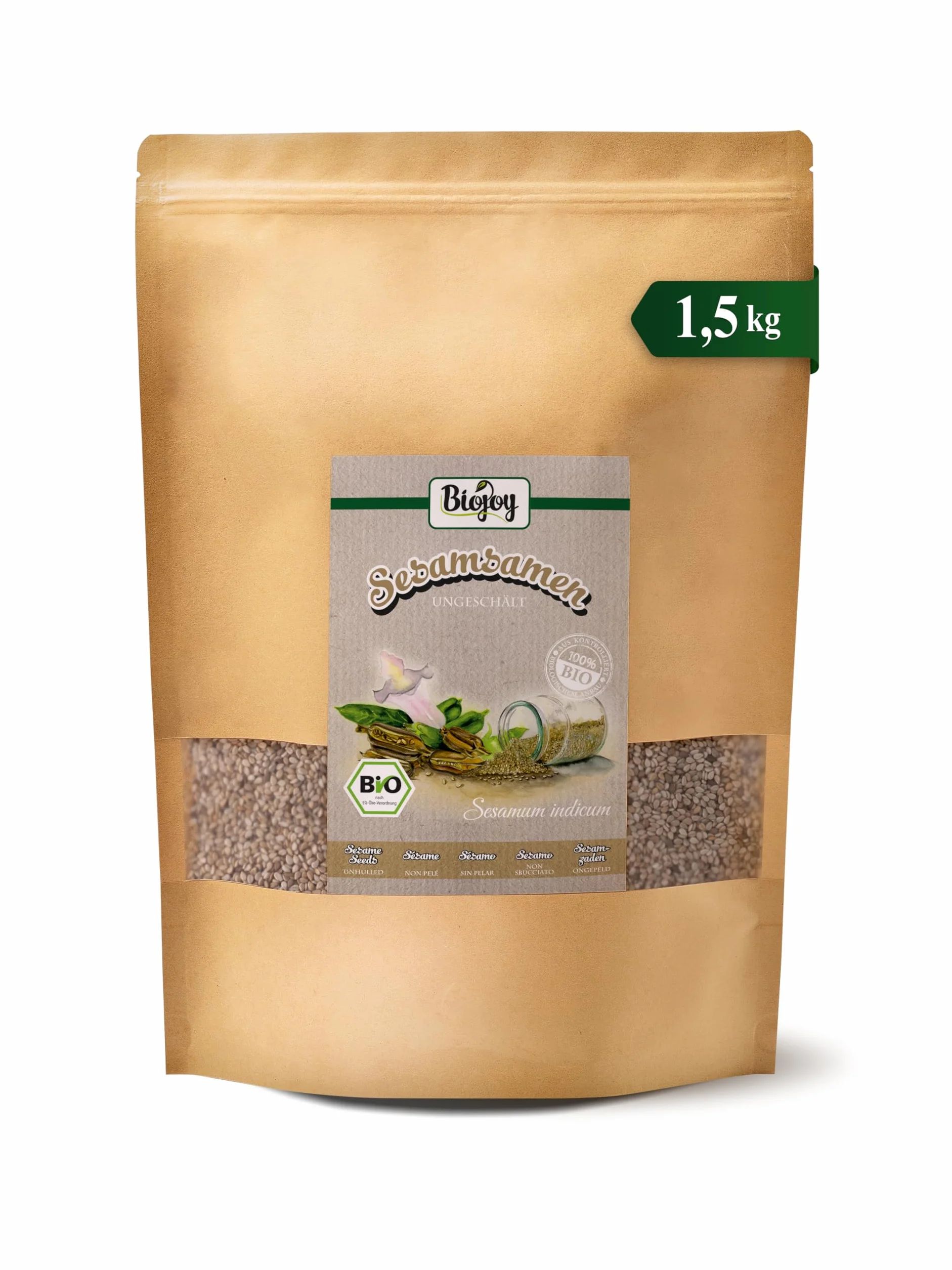 Biojoy Sésame BIO non pelé (1,5 kg), entier et cru, graines de sésame blanc, sans additifs