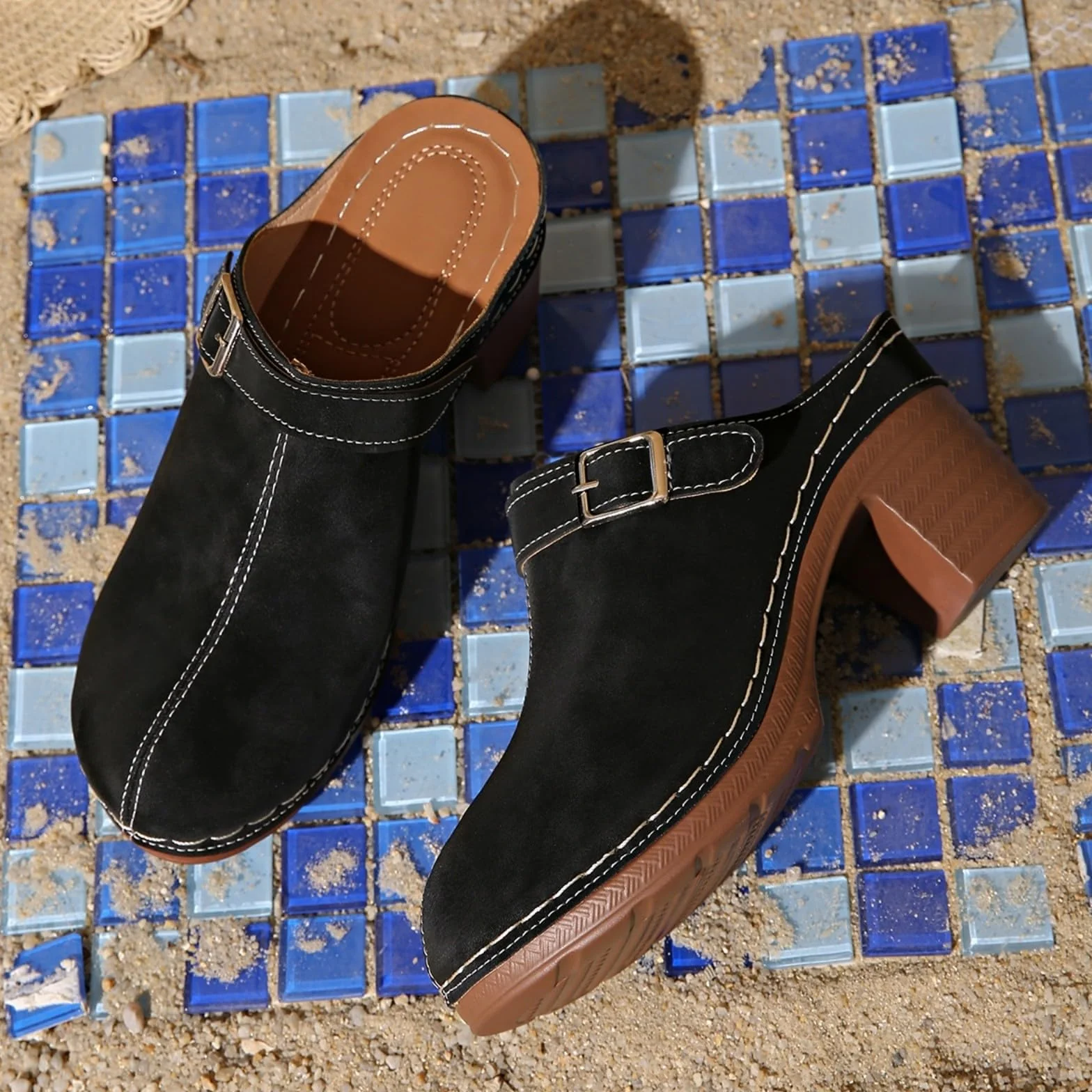Sabots pour femme avec talon bloc - Chaussons orthopédiques confortables - Sandales compensées - Mules sans dos - Chaussures à plateforme fermées