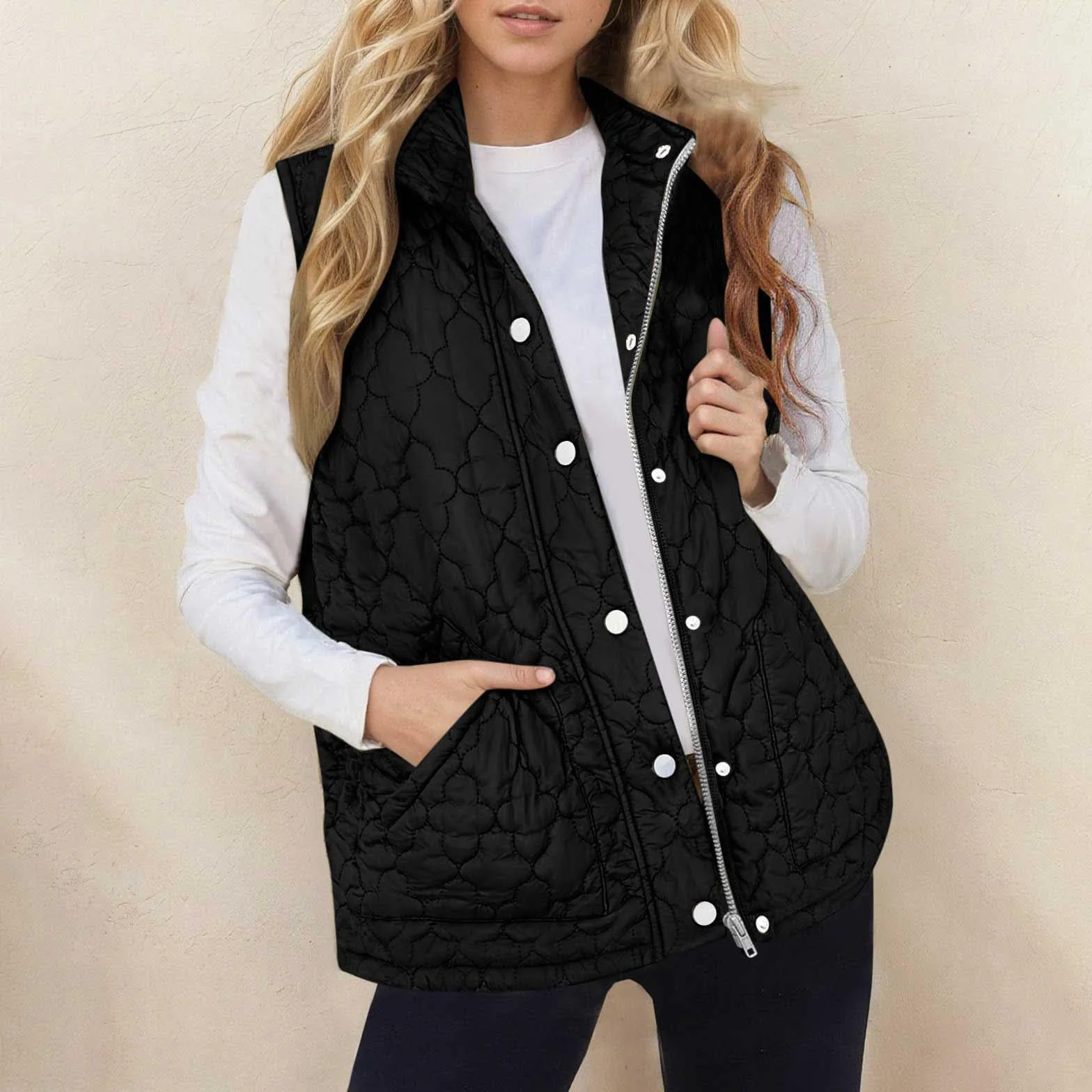 Gilet Doudoune Sans Manches Femme Veste Automne Hiver Zippé Boutonné Poche