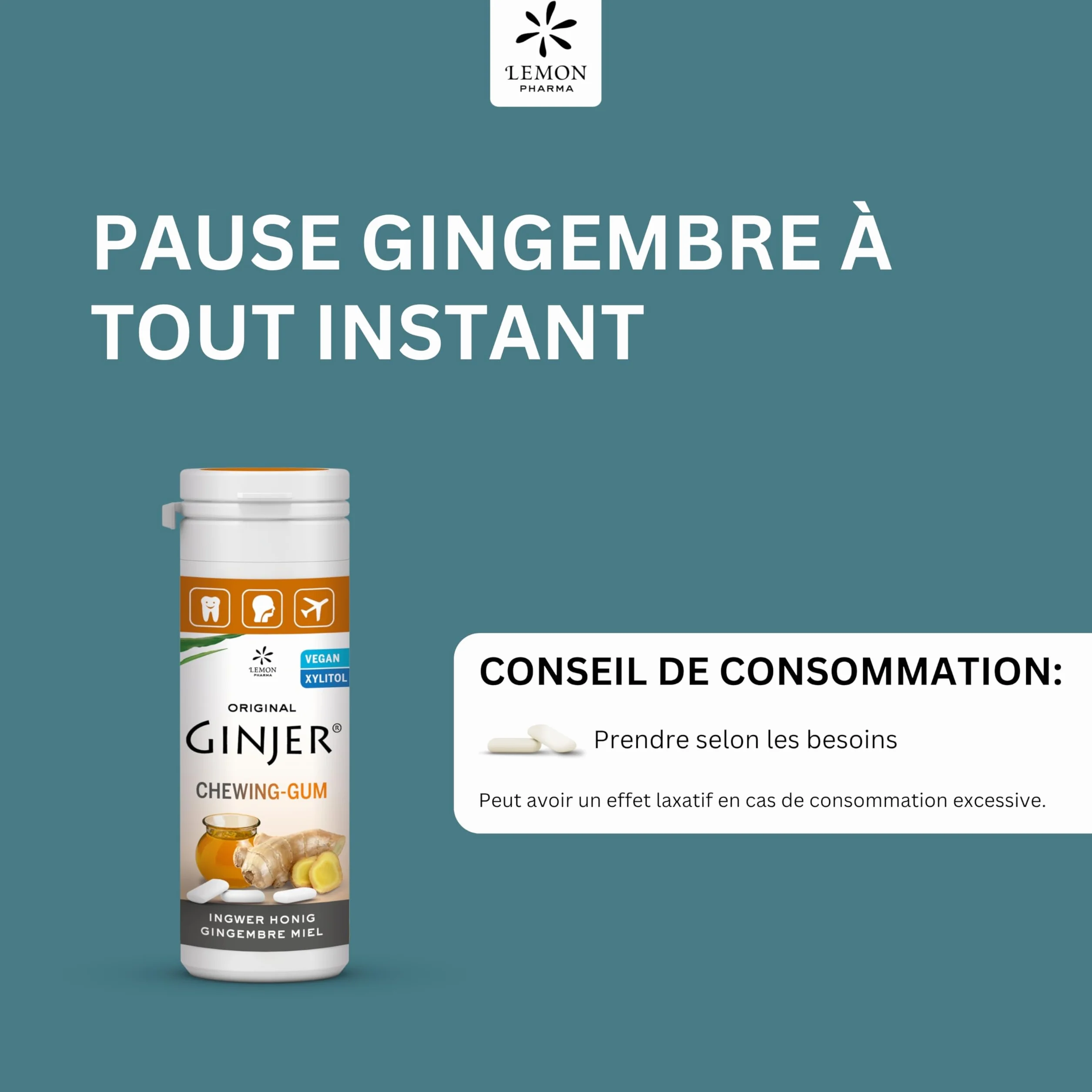 Ginjer® LEMON PHARMA Chewing-gum au gingembre miel et xylitol sans sucre 30 g