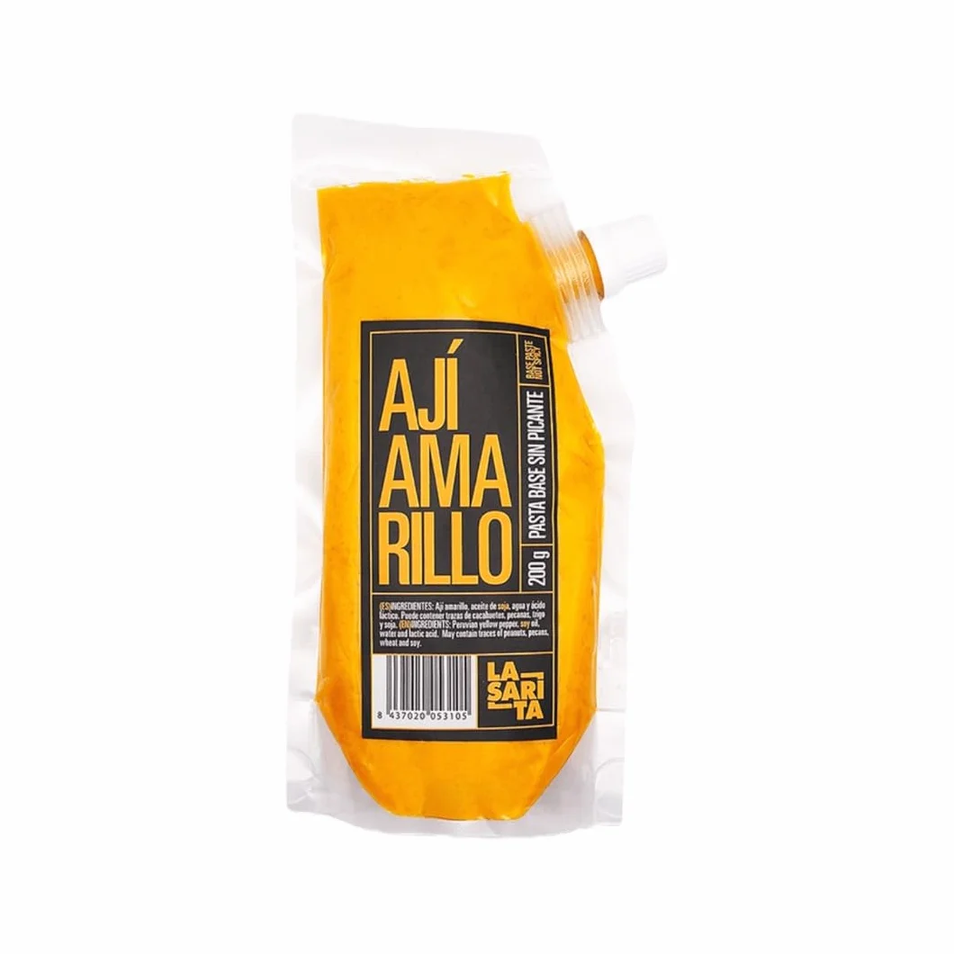 Pâte à base de piment jaune sans piquant. La Sarita - 200 g - L'ingrédient fondamental de la cuisine péruvienne. Profitez du vrai et authentique goût du piment jaune péruvien. Prêt à l'emploi.