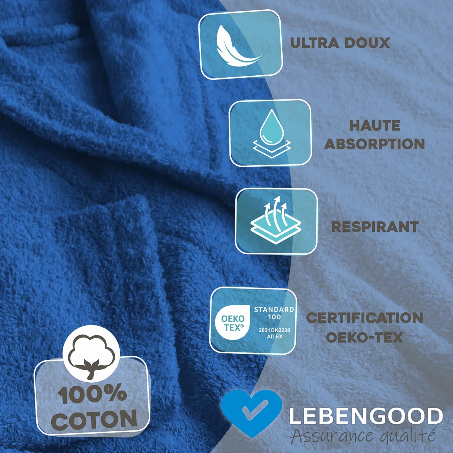 LEBENGOOD Peignoir unisexe 100% coton éponge américain 400 g avec ceinture et poches