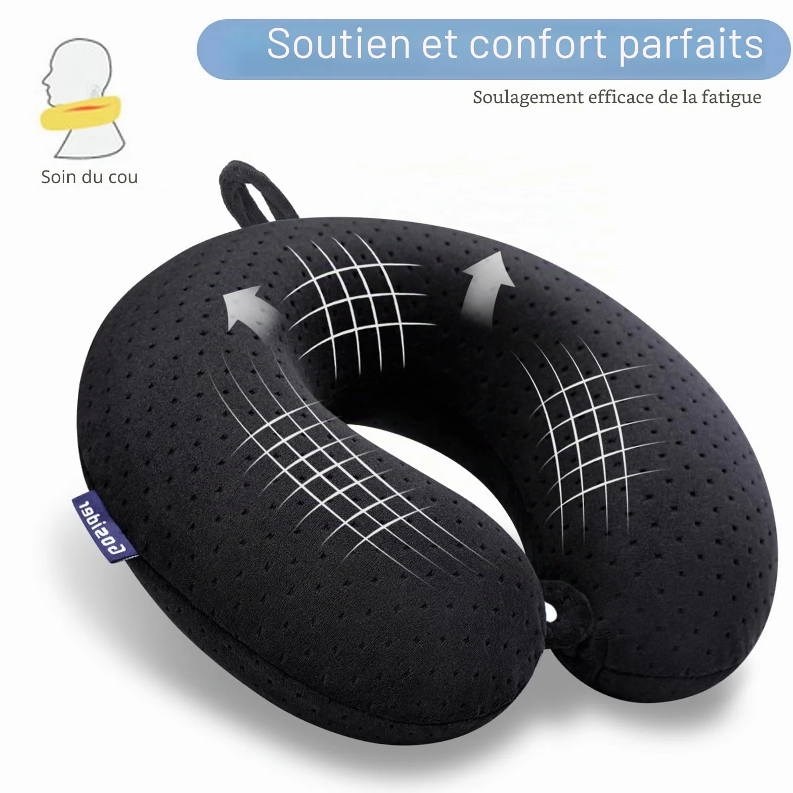 Oreiller de cou voyage mémoire de forme noir soutien tête U portable avion voiture bureau