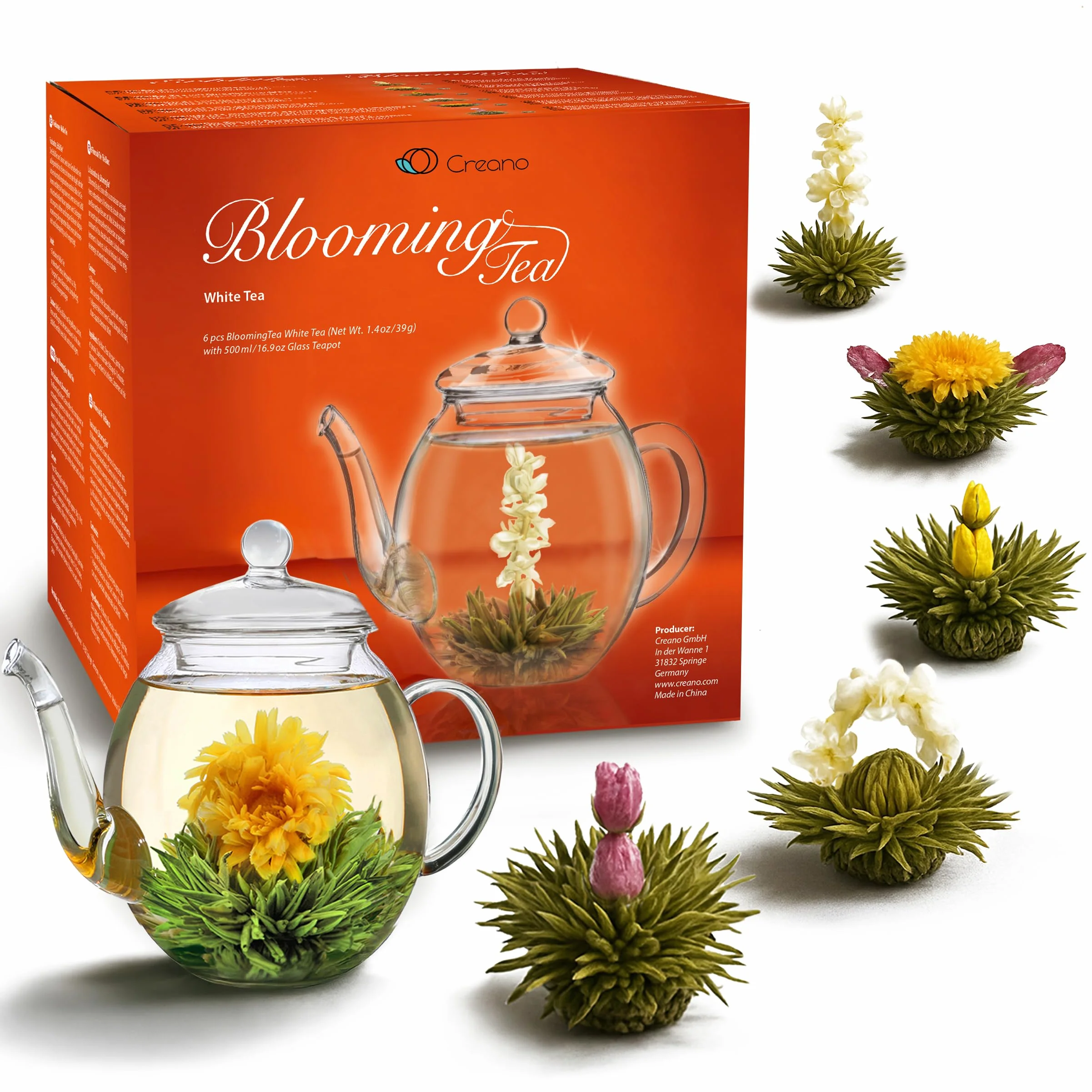 Creano Coffret „Récolte de Printemps“ 6 fleurs de thé – Théière en verre 500ml sans goutte – 6 variétés de thé blanc – Idée cadeau exceptionnelle – Verre borosilicate – Thé en Fleurs