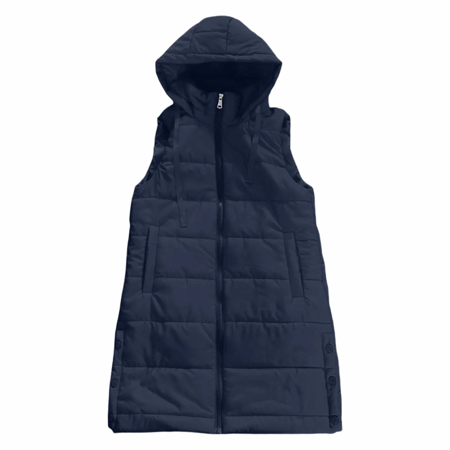 Femme Longue Doudoune sans Manches avec Capuche Gilet Chaud Veste Hiver Poches Zippée