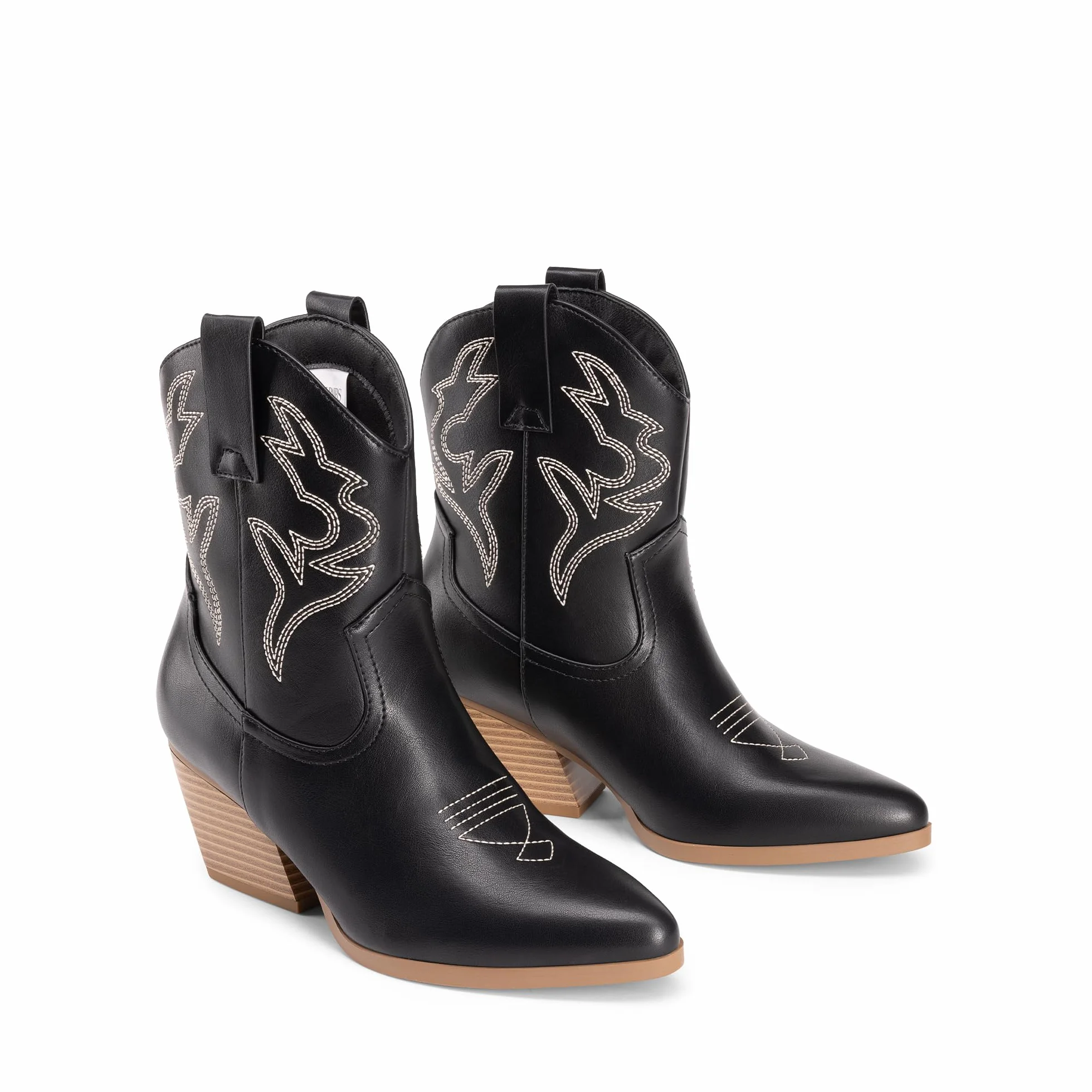 DREAM PAIRS Bottes Femme Western Courtes Talon Bloc Bas Bout Pointu Bottines Cowboy Cowgirl Brodées Automne Hiver