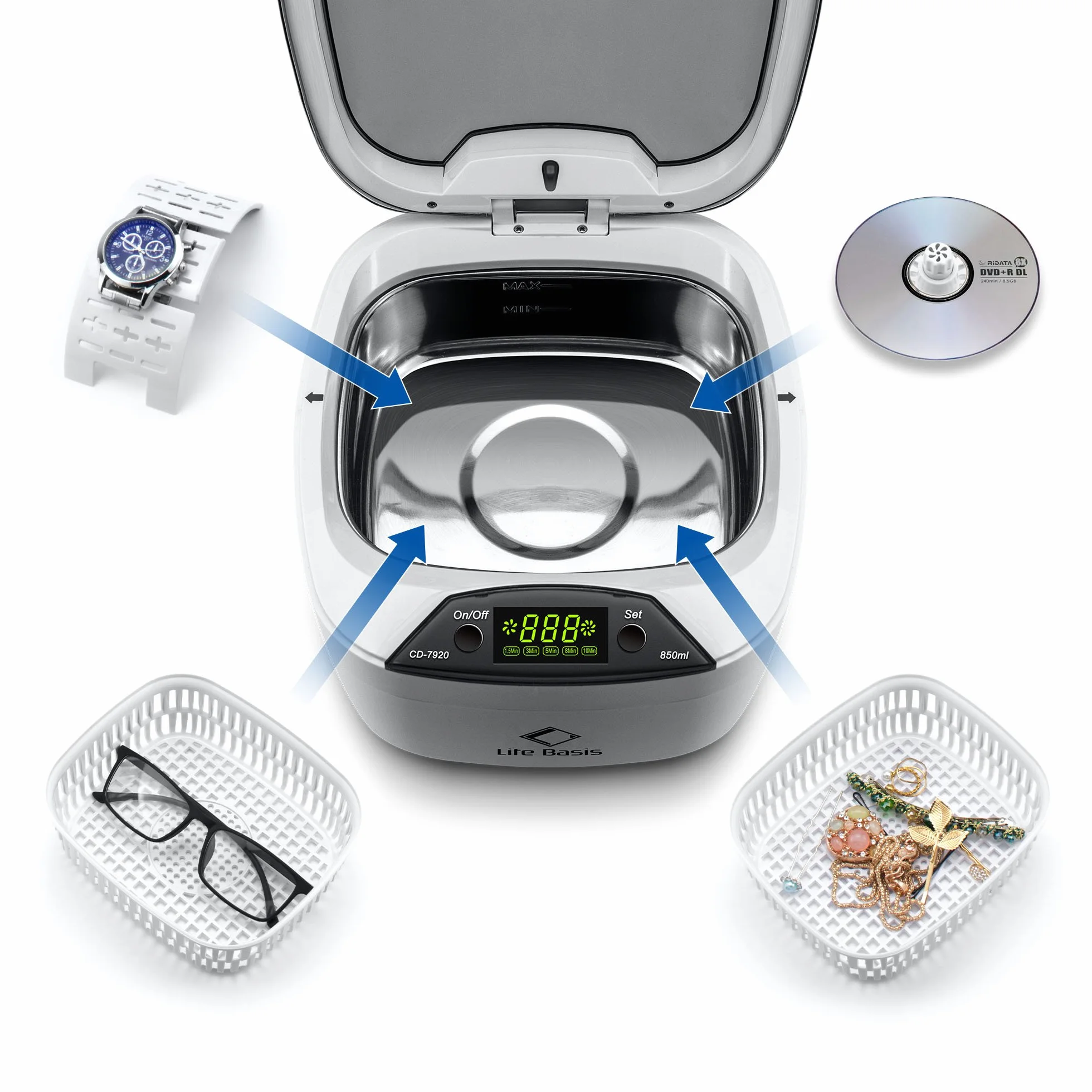 LifeBasis Nettoyeur Ultrasons 850ML 42kHz Professionnel, Bac Acier Inox, Écran LED, 5 Modes