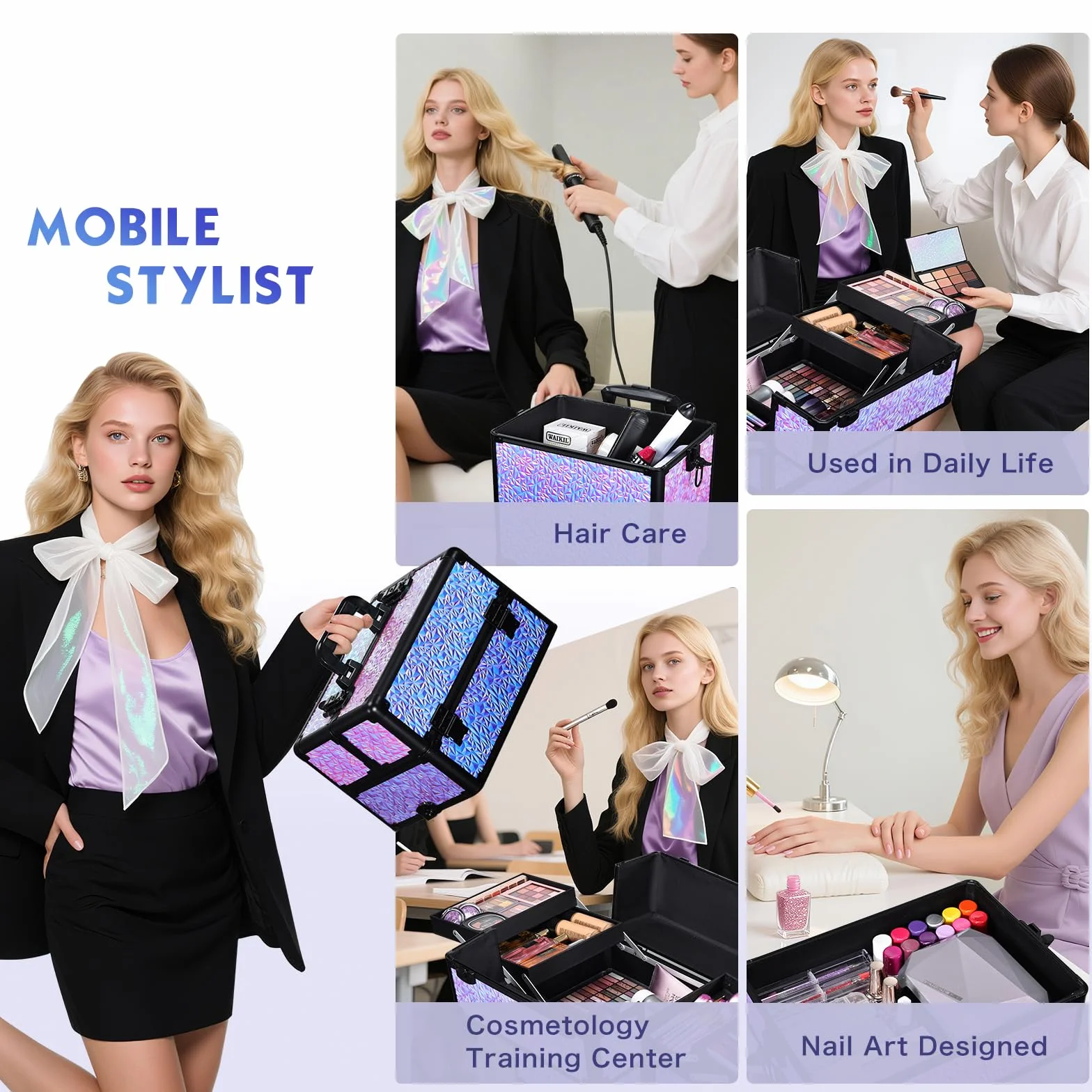 Valise de Maquillage XXL 4-en-1 Cadre Aluminium Violet Dégradé, Mallette Cosmétique Verrouillable à roulettes 360°