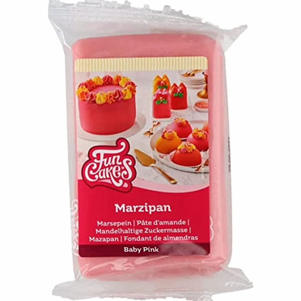 FunCakes Pâte d’amande Baby Pink: Facile à utiliser, goût délicieux, flexible et lisse, facile à dérouler, fin et ferme, parfait pour la décoration de gâteaux, halal, casher et sans gluten. 250 g.