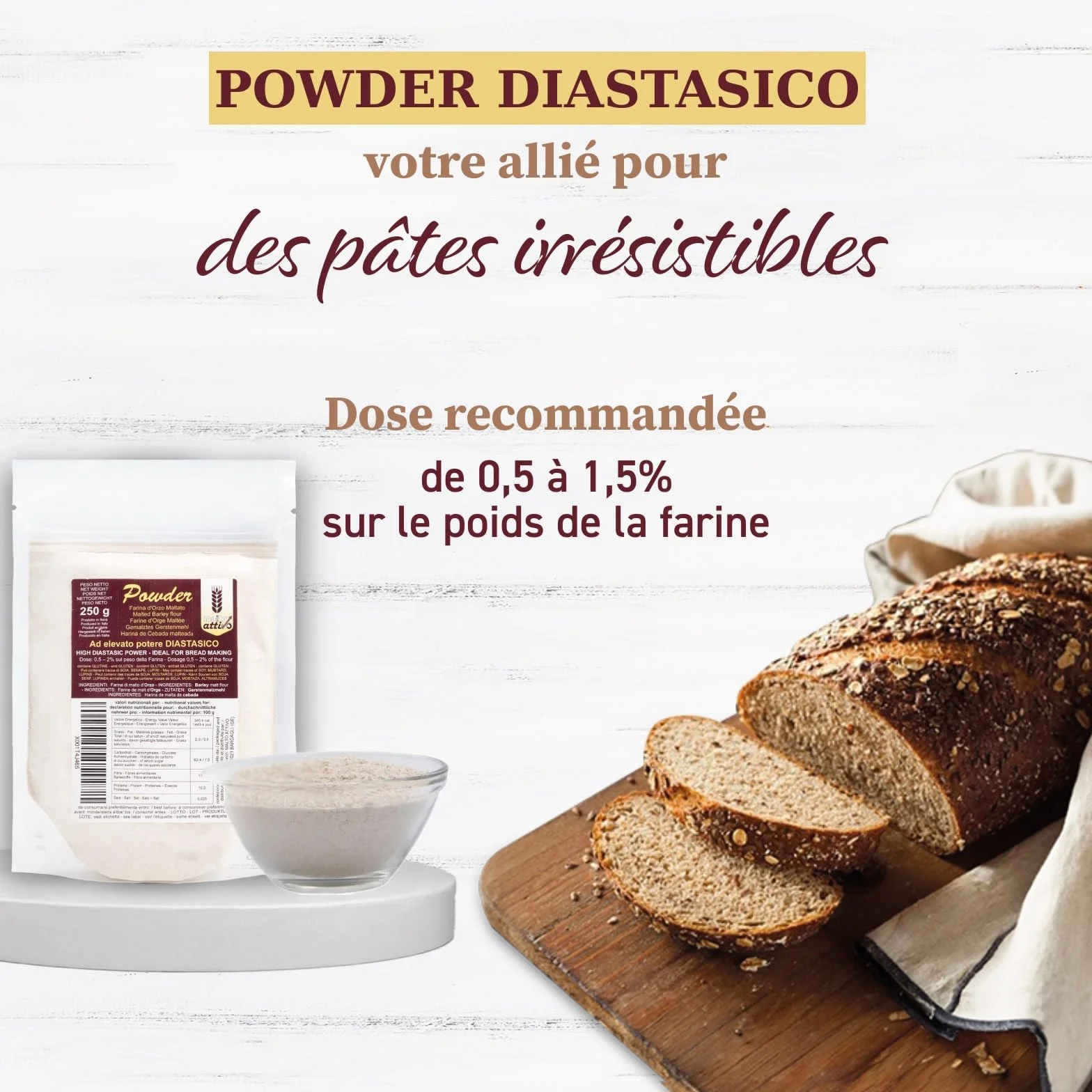 Malto Attivo, Powder 250g, Malt d'Orge à Haut Pouvoir Diastasique, Malt Diastasique Idéal pour la Panification,14.000 Unités Pollak, Made in Italy