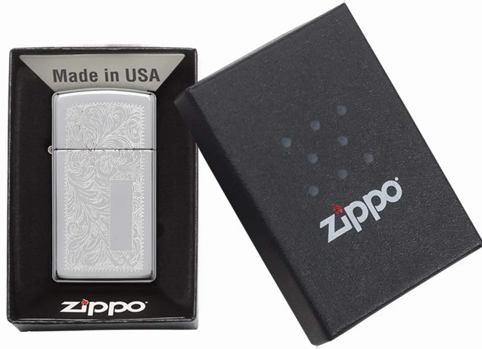 Zippo Briquet tempête – Venetian, Slim – Finition Chrome Poli Miroir avec Effet Lustre – Rechargeable – Réutilisable – Design Coupe-Vent – Boîte Cadeau – Fabriqué aux États-Unis