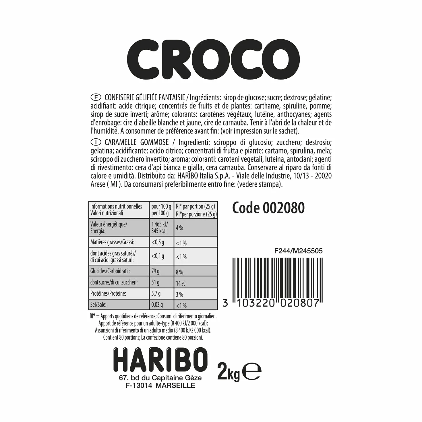 HARIBO - Croco - Bonbons Gélifiés - Sachet Vrac 2 kg